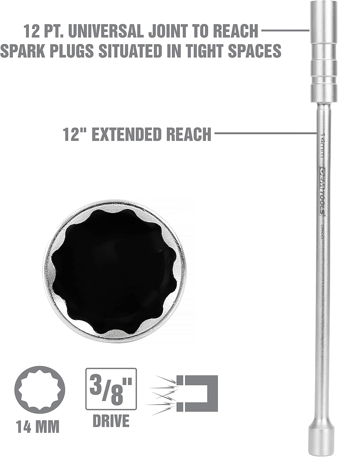 OEMTOOLS 22813 38″ Drive 0.551 in x 12 Pt. Enchufe de bujía de pared delgada, extensión de 12 pulgadas, funciona en BMW, mini y más, cabe en