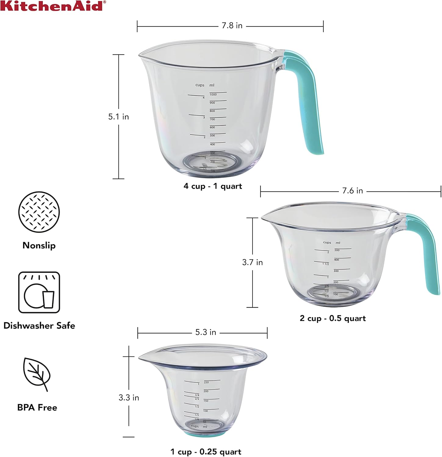 KitchenAid Juego de 3 jarras medidoras universales, Aqua Sky 1