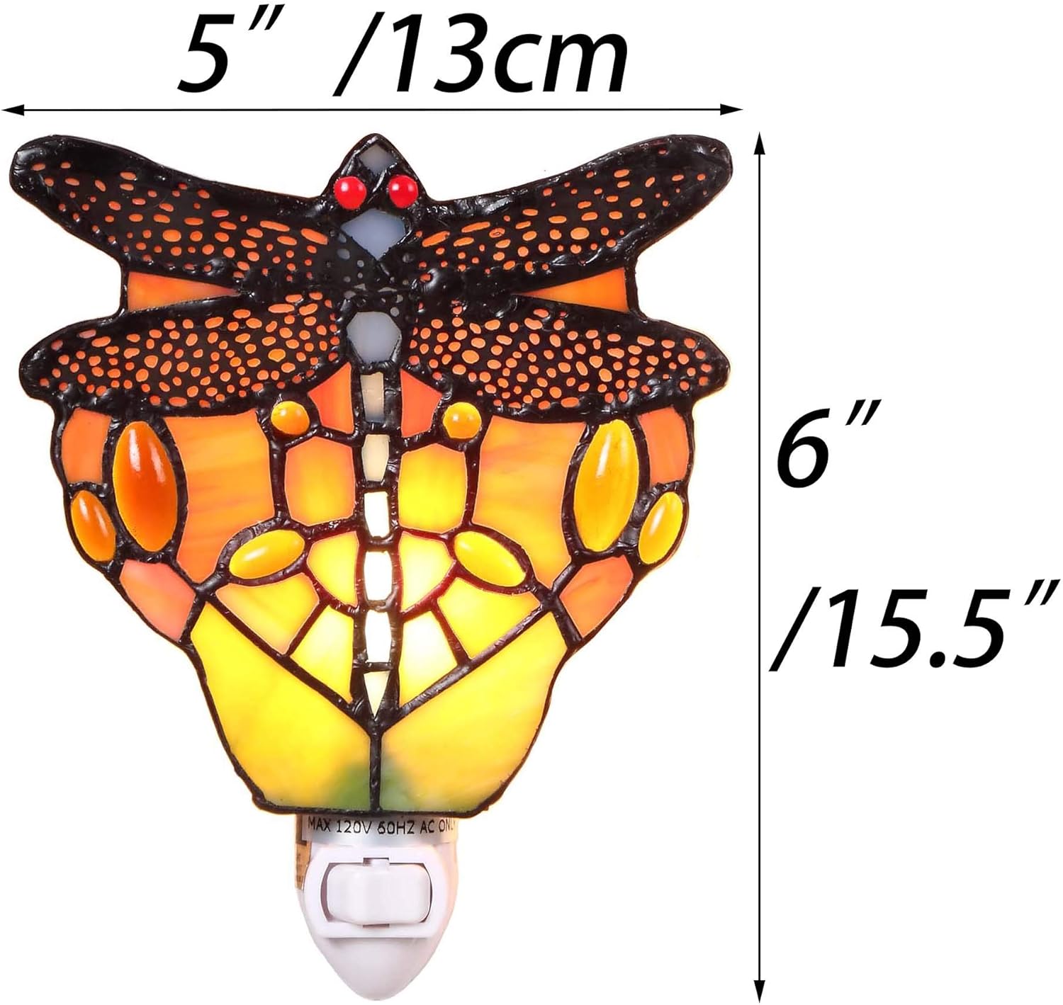 Bieye L11401 Lámpara de pared de libélula de vidrio manchado estilo Tiffany con enchufe de luz nocturna enchufable para decoración del hogar