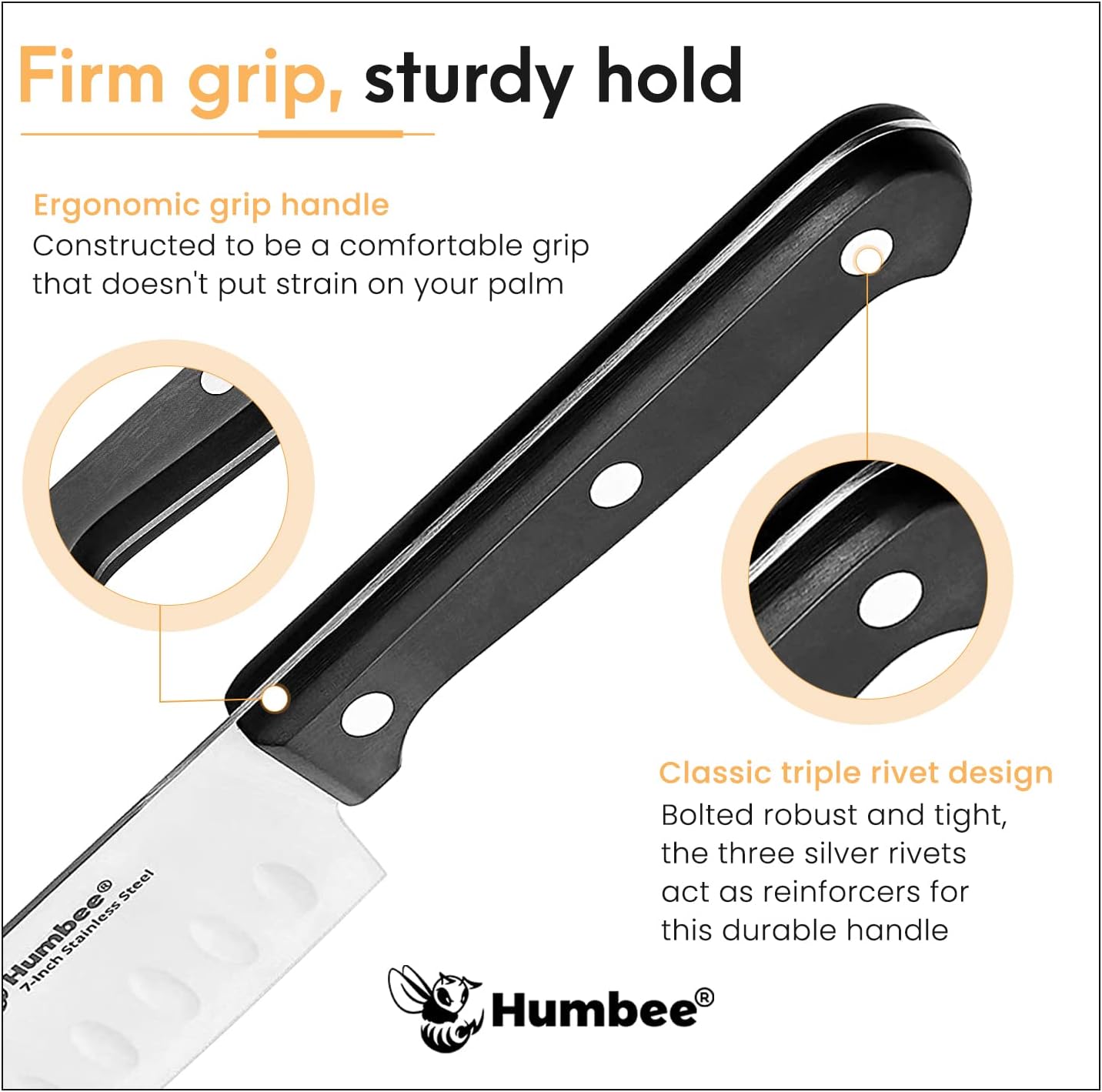 Humbee, Cuchillo Santoku de acero inoxidable de 7.5 pulgadas, cuchillo de chef japonés ultra afilado, cuchillo de cocina de agarre cómodo