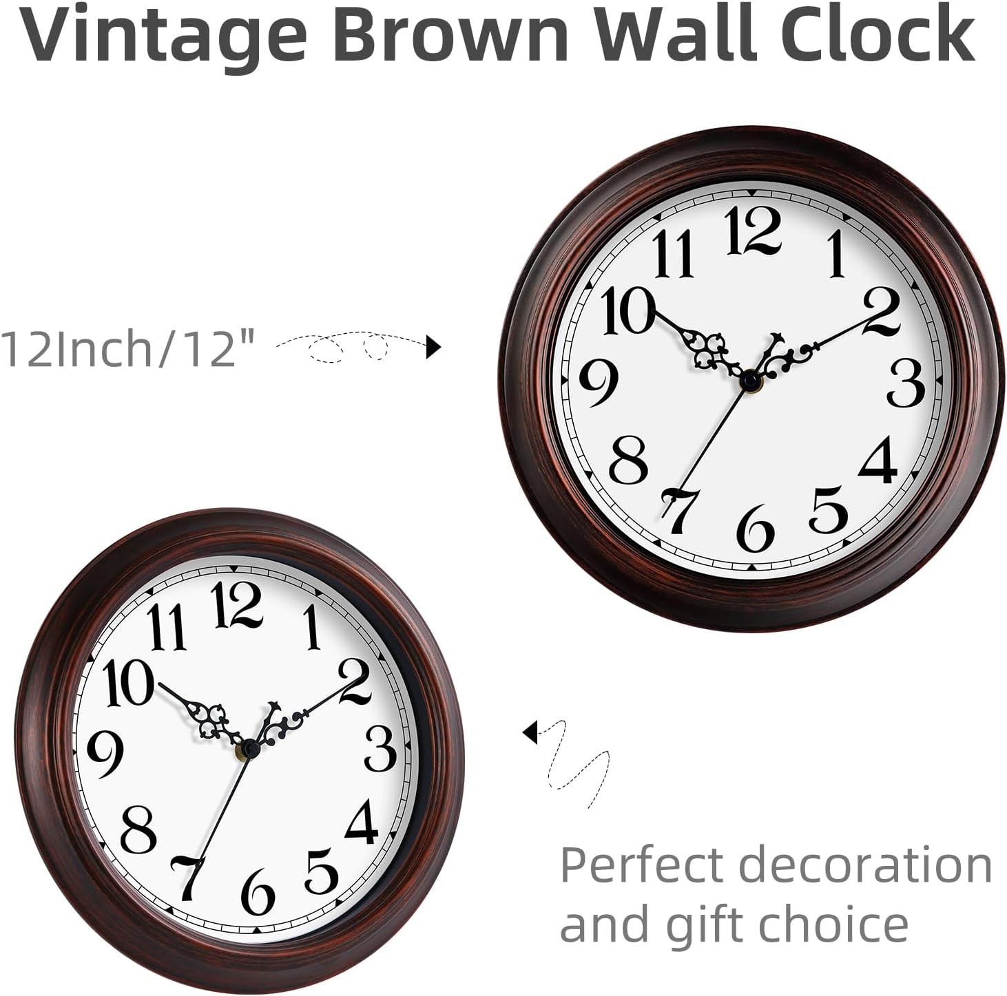 HYLANDA Reloj de pared de 12 pulgadas, funciona con pilas, reloj de bronce para cocina, silencioso, sin tictac, color marrón, para sala de estar,