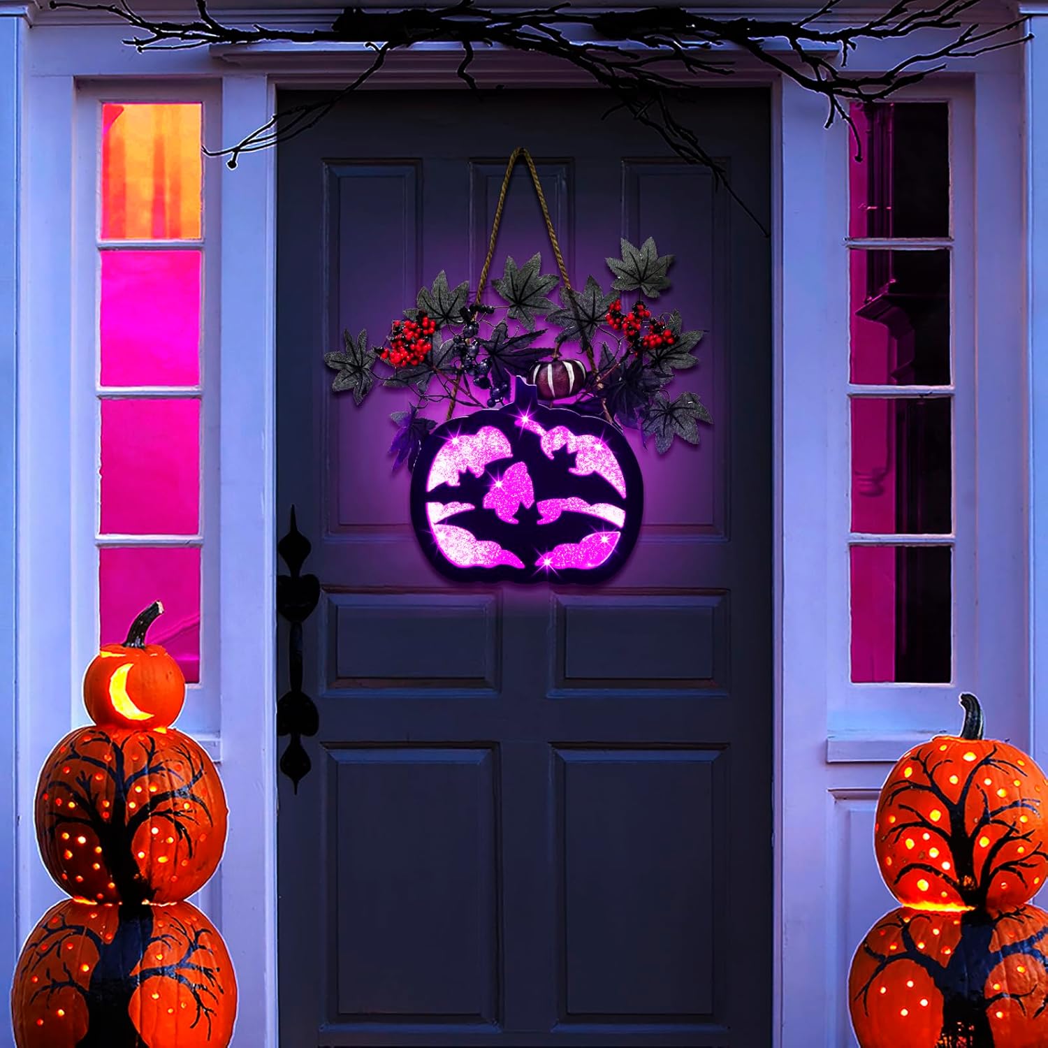 Ruidazon Prelit – Letrero de corona de Halloween iluminado artificial para puerta delantera, funciona con pilas, letrero colgante de Halloween con