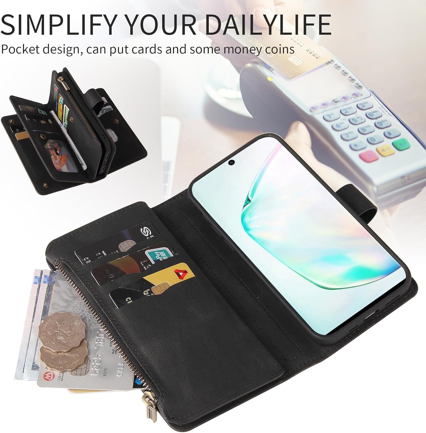 Asuwish Funda de teléfono para Samsung Galaxy Note 10 5G con protector de pantalla de vidrio templado y correa para la muñeca, soporte para tarjeta