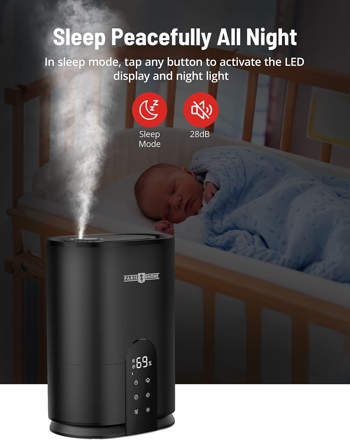 PARIS RHÔNE Humidificadores para dormitorio, humidificadores de niebla fría de 4L para el hogar y habitación grande, humidificador ultrasónico de