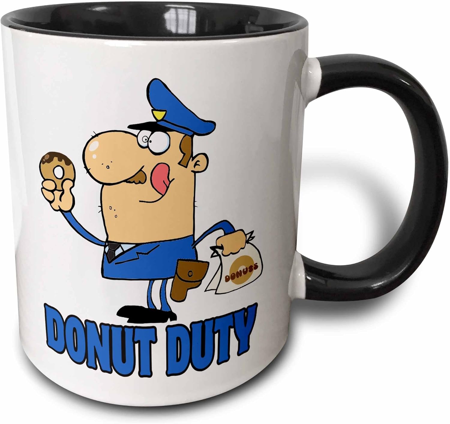 3dRose Divertida taza de dos tonos con diseño de caricaturas oficiales de policía On Donut Duty, 11 onzas, negroblanco