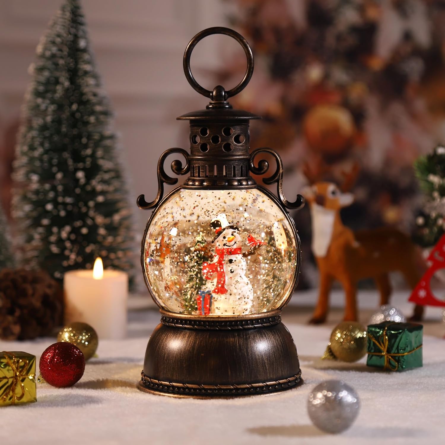 Globos de nieve de Navidad, caja de música de Navidad brillante, árbol de Navidad con 8 canciones, funciona con USB y funciona con pilas, faroles de
