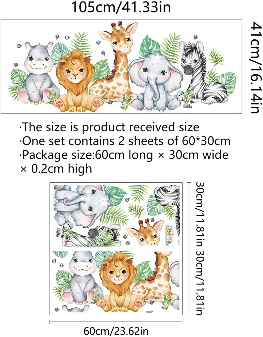 Adhesivo de pared con diseño de animales del bosque, acuarela, selva, elefante, león, cebra, jirafa, bebé, cuarto de niños, sala de juegos,