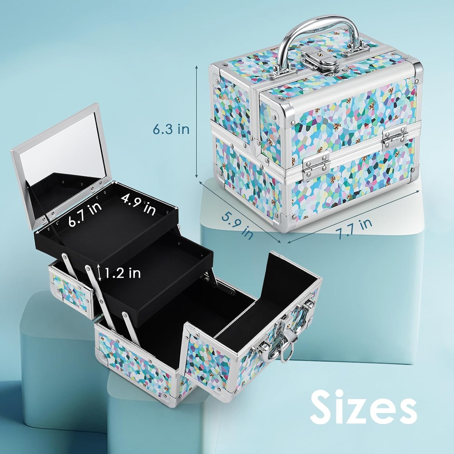 FRENESSA Estuche de tren de maquillaje, estuche organizador de cosméticos, caja de maquillaje portátil, 2 bandejas con espejo, estuche organizador