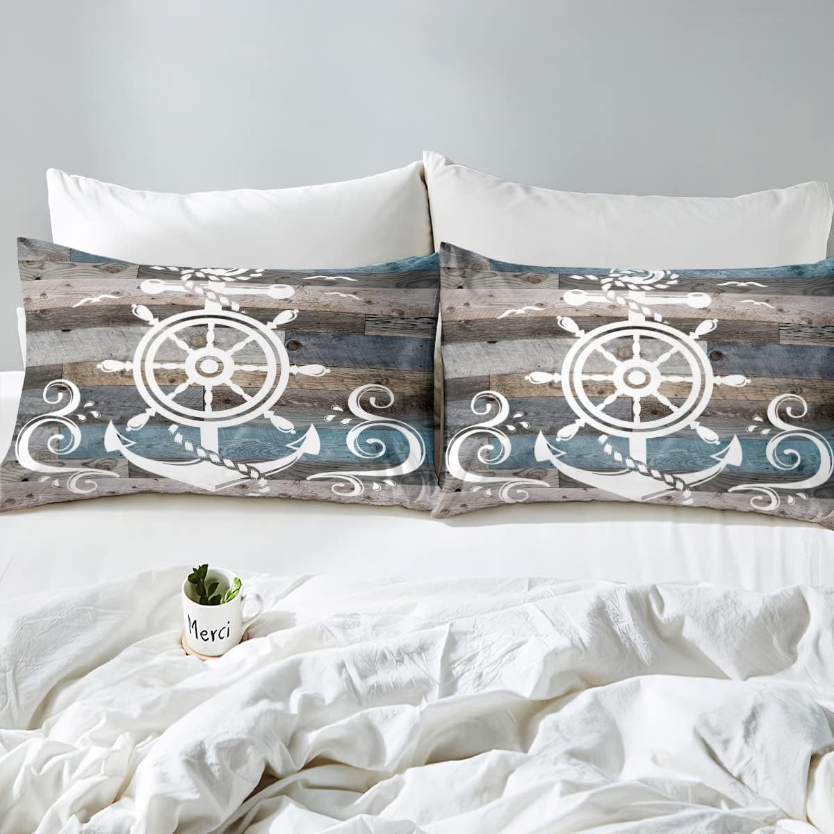 Erosebridal Juego de edredón de ancla náutica, juego de ropa de cama con brújula oceánica, tamaño individual para niños, adolescentes y adultos,