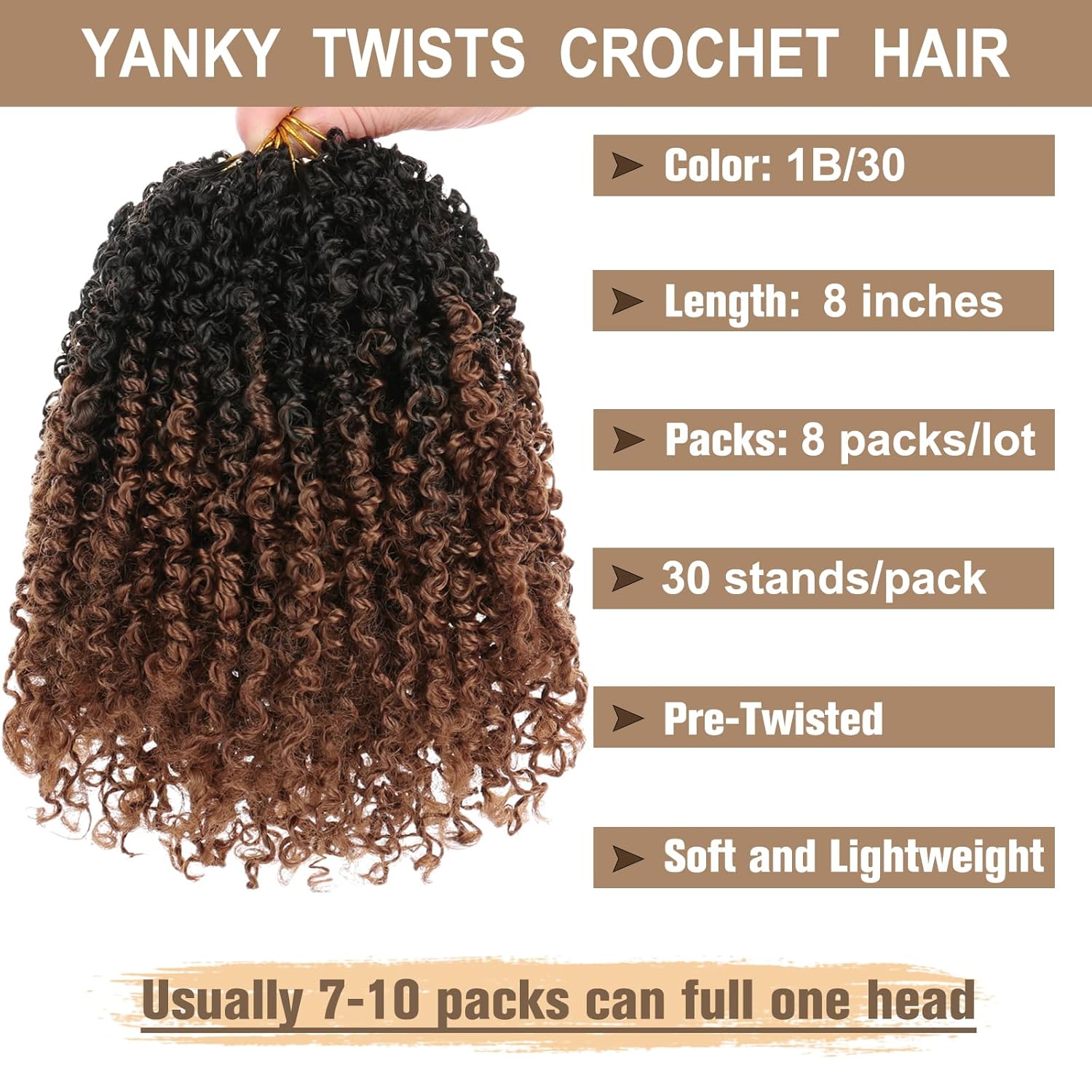 COOKOO Trenzas de ganchillo Yanky Twists de 8 pulgadas, 8 piezas, color marrón degradado, bohemios, cabello de ganchillo senegalés con rizos,
