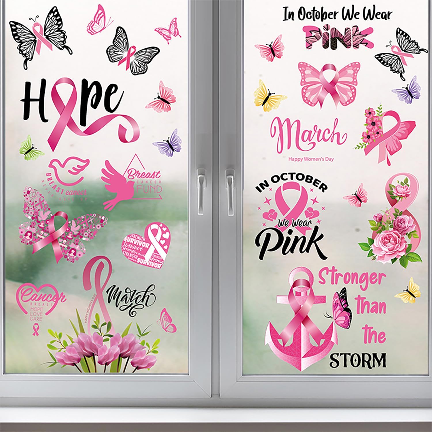 Adhesivos para ventana de concientización sobre el cáncer de mama, 9 hojas de cinta rosa, calcomanías de decoración de cáncer de mama, calcomanías