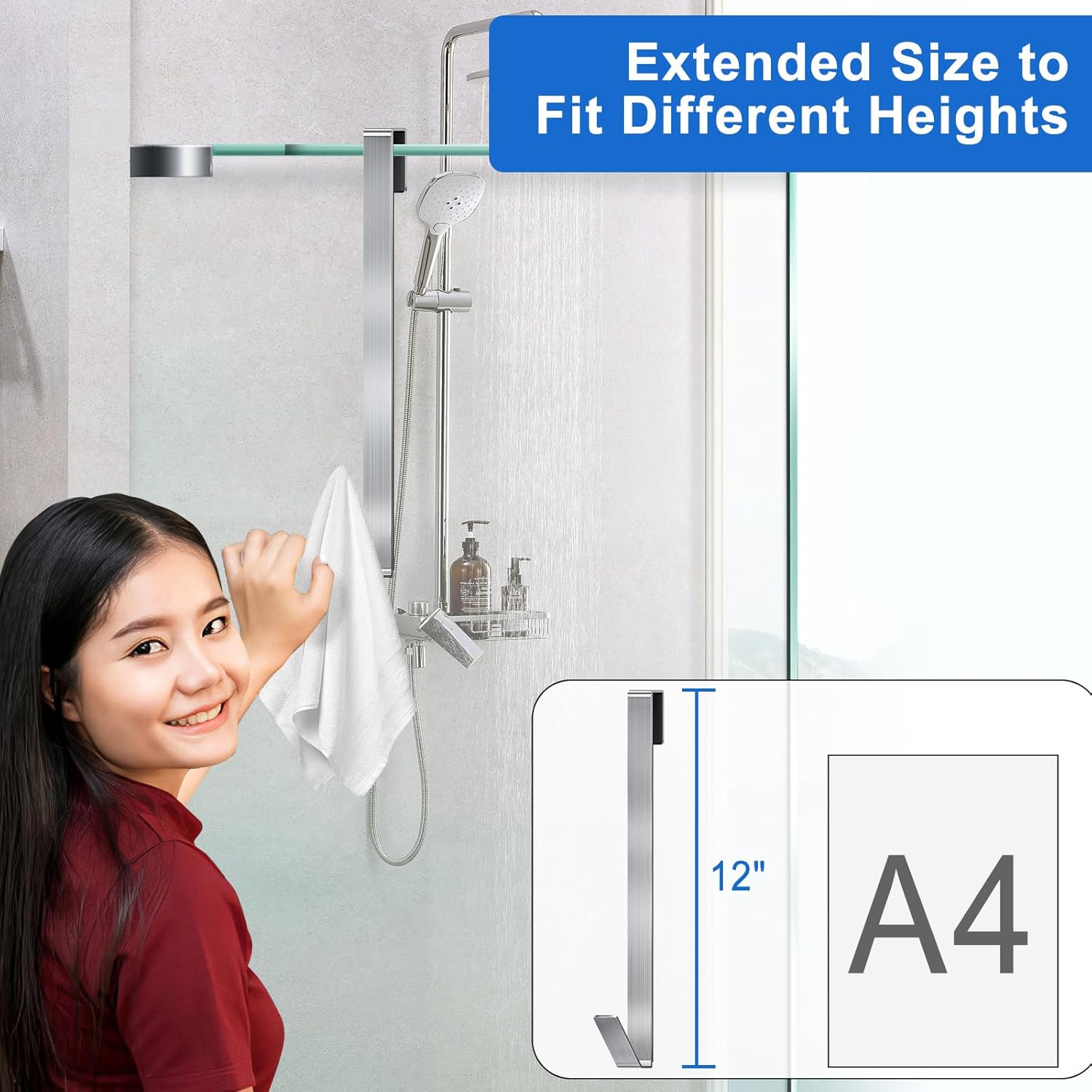 Ganchos para puerta de ducha de 12 pulgadas, ganchos de ducha para toallas, ganchos de ducha extendidos resistentes sin perforaciones, para puerta