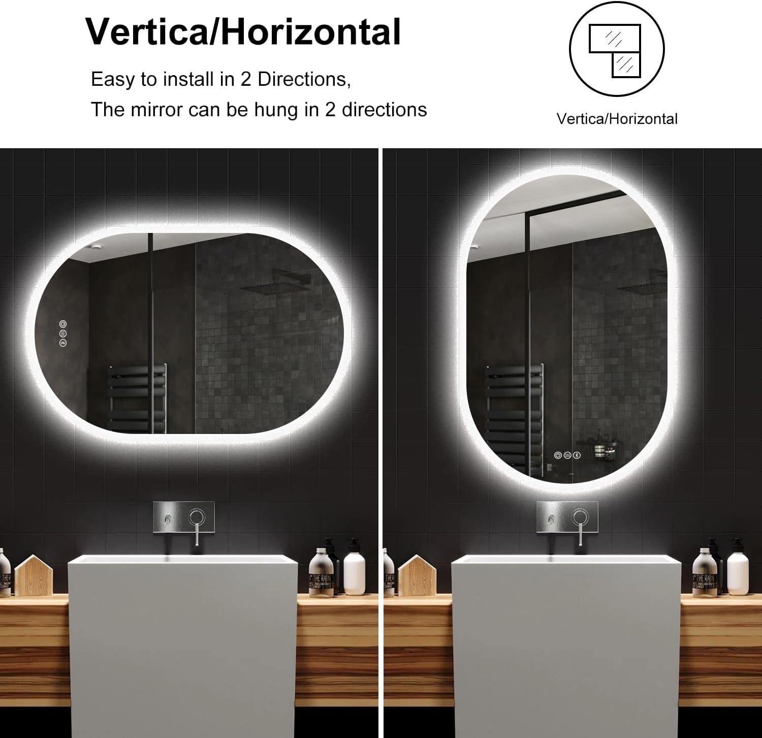 S’bagno Espejo de baño ovalado de 36 x 24 pulgadas con luces, espejo de baño LED montado en la pared, marco acrílico, atenuación, cambio de color,