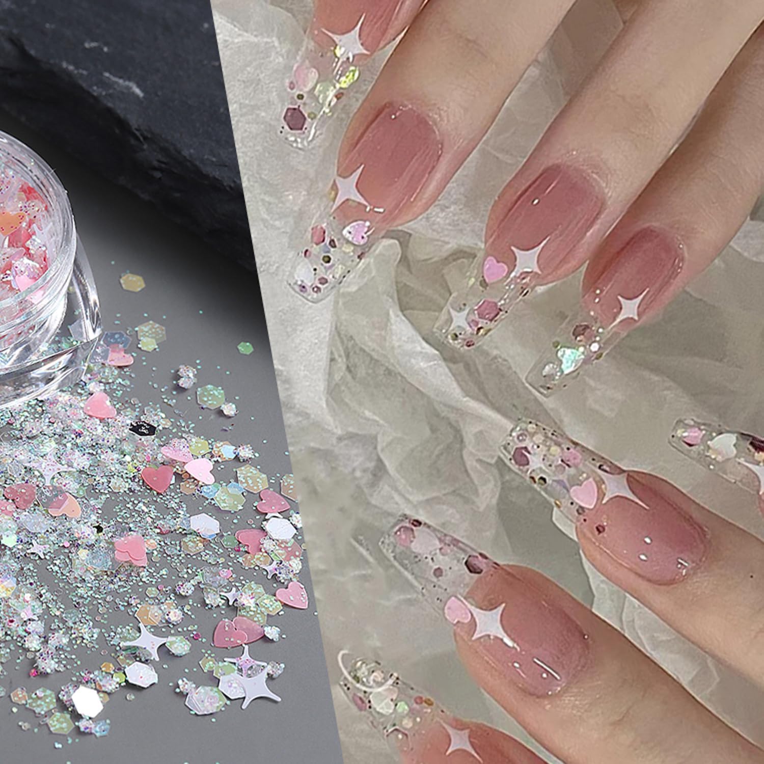 12 rejillas hexagonales de corazón con purpurina para uñas, lentejuelas holográficas de sirena, multicolor, diseño de copos de uñas, dijes de uñas