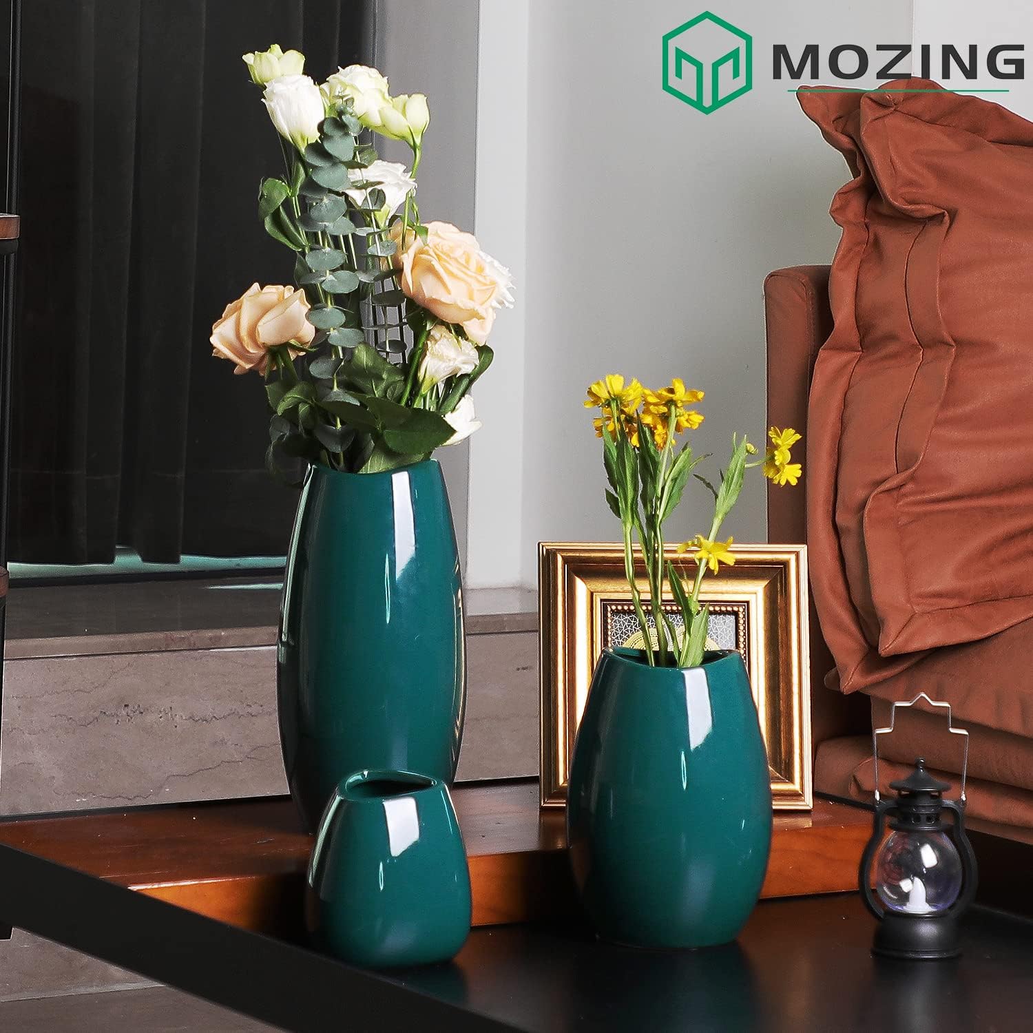 Mozing Juego de jarrones de flores verdes, moderno jarrón de cerámica para decoración del hogar, jarrones altos decorativos para flores, estante,