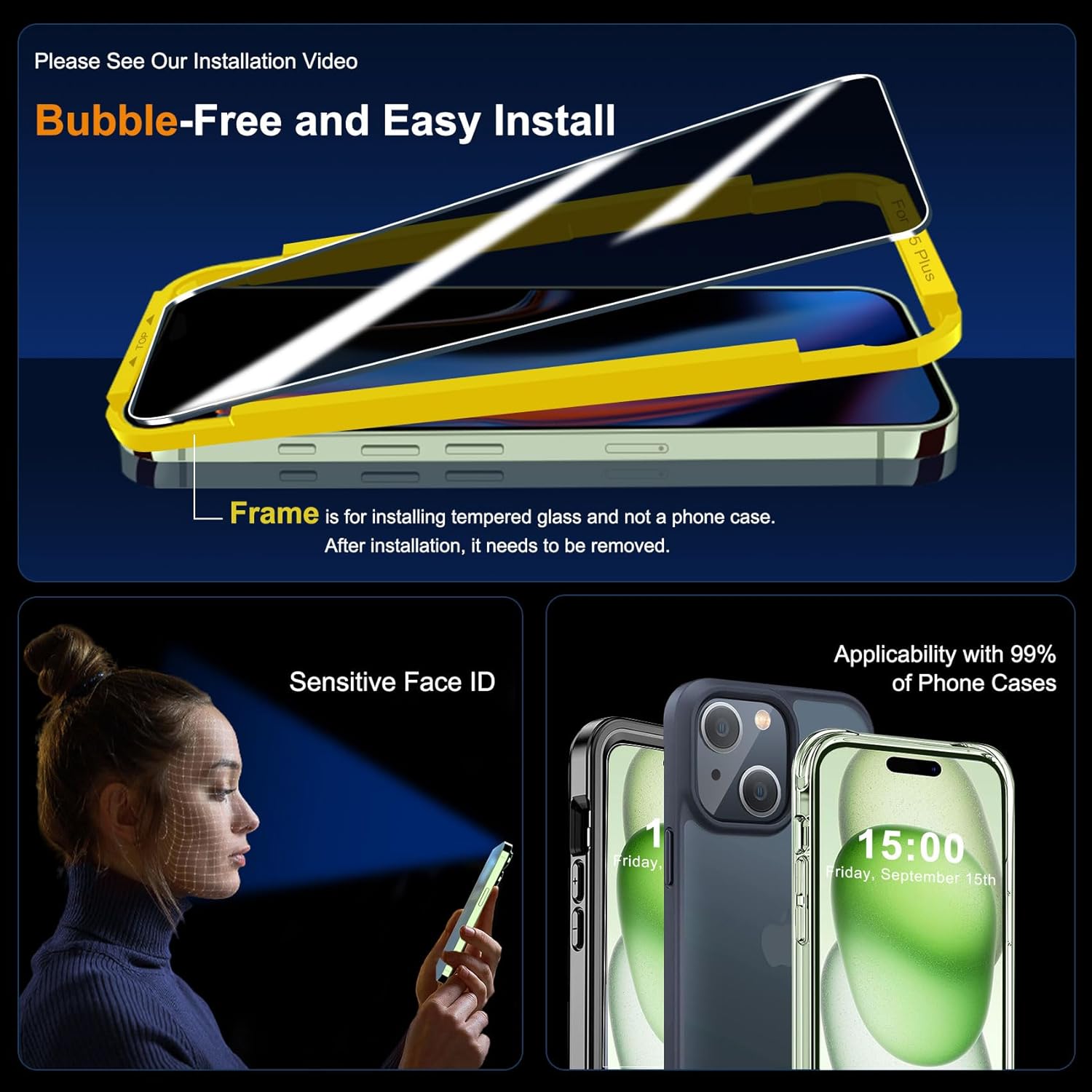 QHOHQ Paquete de 3 protectores de pantalla de privacidad para iPhone 15 Plus 6.7 pulgadas con 3 protectores de lente de cámara, película de vidrio