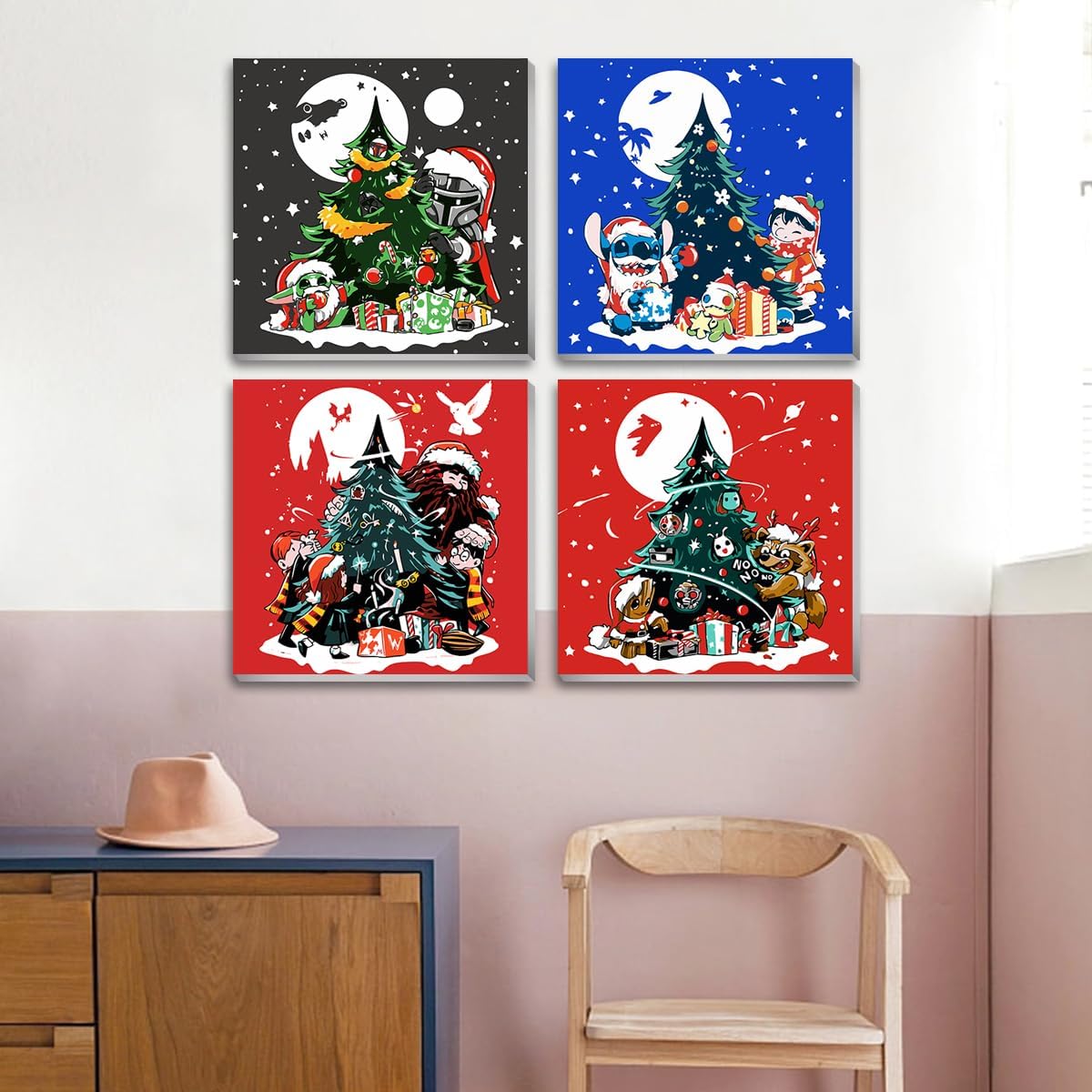 Paquete de 4 pinturas de dibujos animados de Navidad por números para niños de 8 a 12 años, pintura acrílica fácil de luna por número para niños