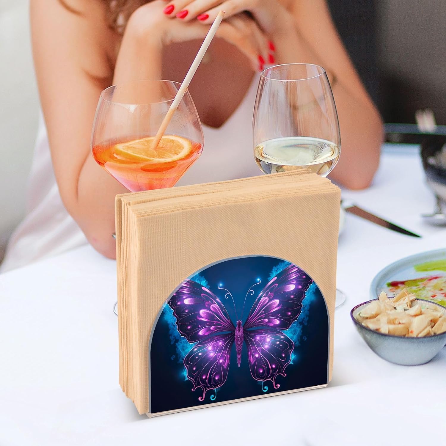 Servilletero de acuarela con mariposas moradas para colocar de pie en la mesa, moderno dispensador de servilletas de acrílico, dispensador de