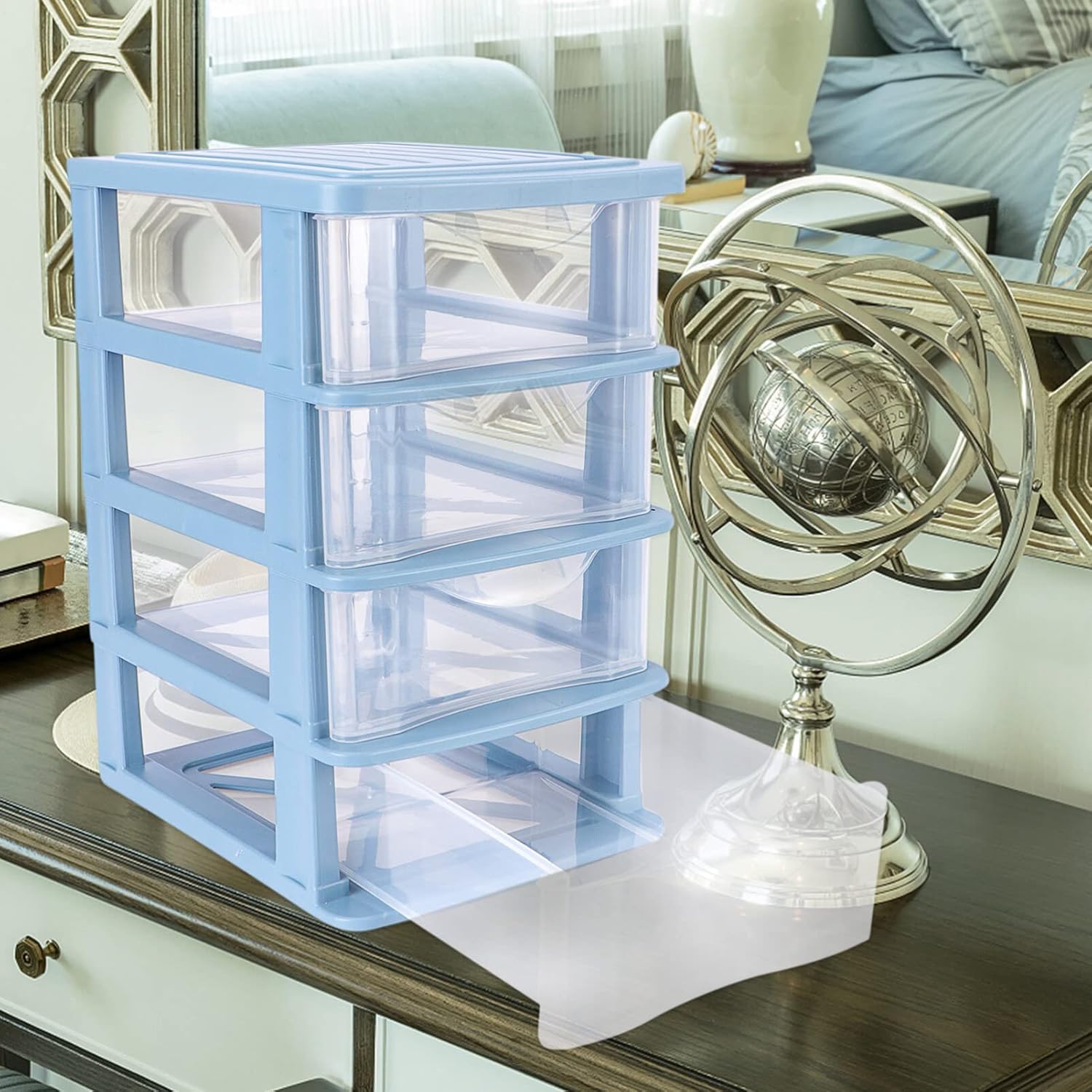 Organizador de maquillaje Cajón 1pc 3 Cajón Organizador de almacenamiento de escritorio Caja de almacenamiento de plástico azul