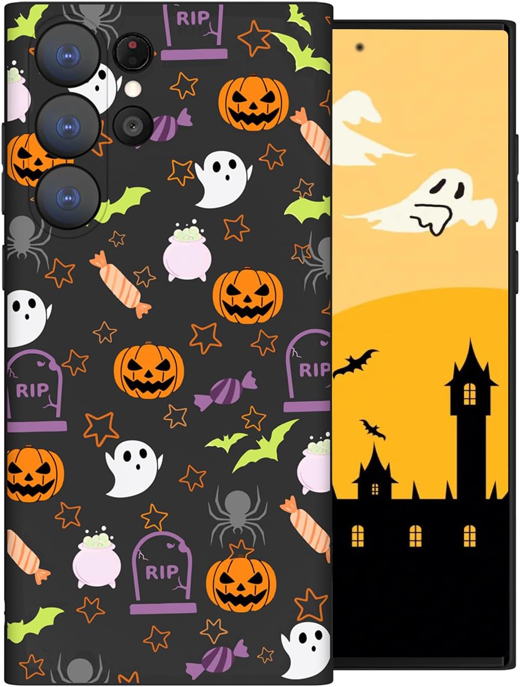 Funda de teléfono de Halloween compatible con Samsung Galaxy S22 Ultra con murciélago, calabaza, caramelo, araña, fantasma, Halloween, funda negra