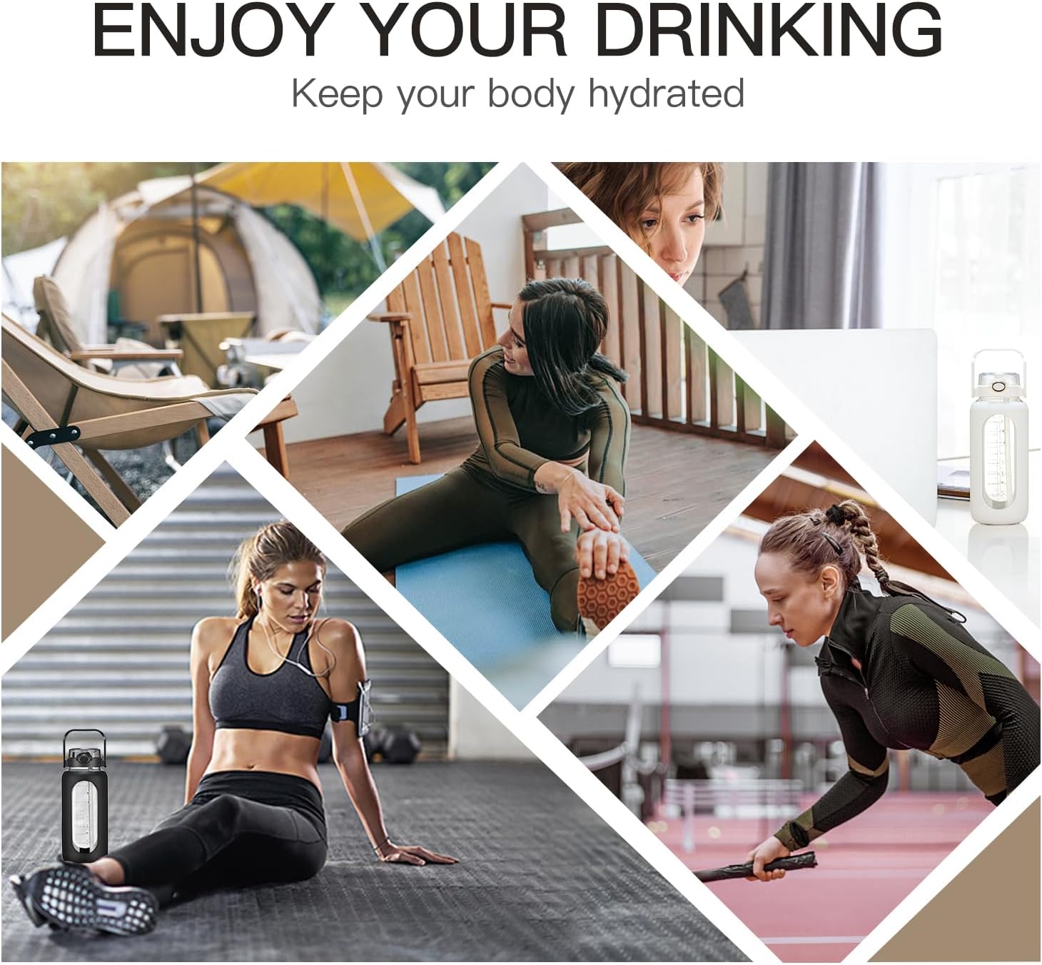 chunmo Pernos de agua de vidrio de 42 oz52 oz64 oz con pajilla, botella de agua motivacional grande de medio galón con marcador de tiempo, botellas