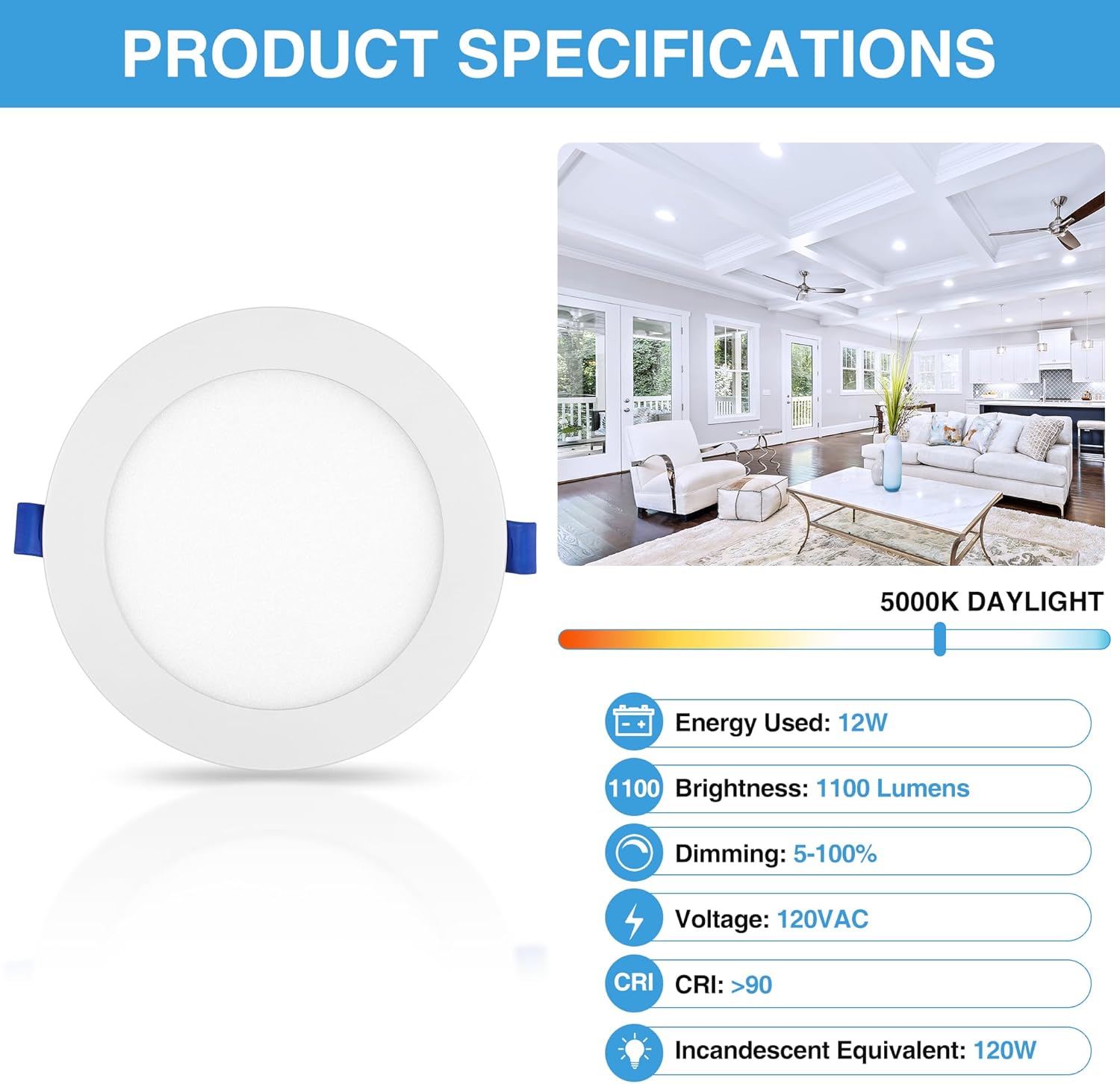 ECOELER ETL y Energy Star – Luces de techo empotrables ultrafinas de 6 pulgadas, sin lata, de 12 W, 1100 lm, 5000 K, regulable, obleas delgadas,