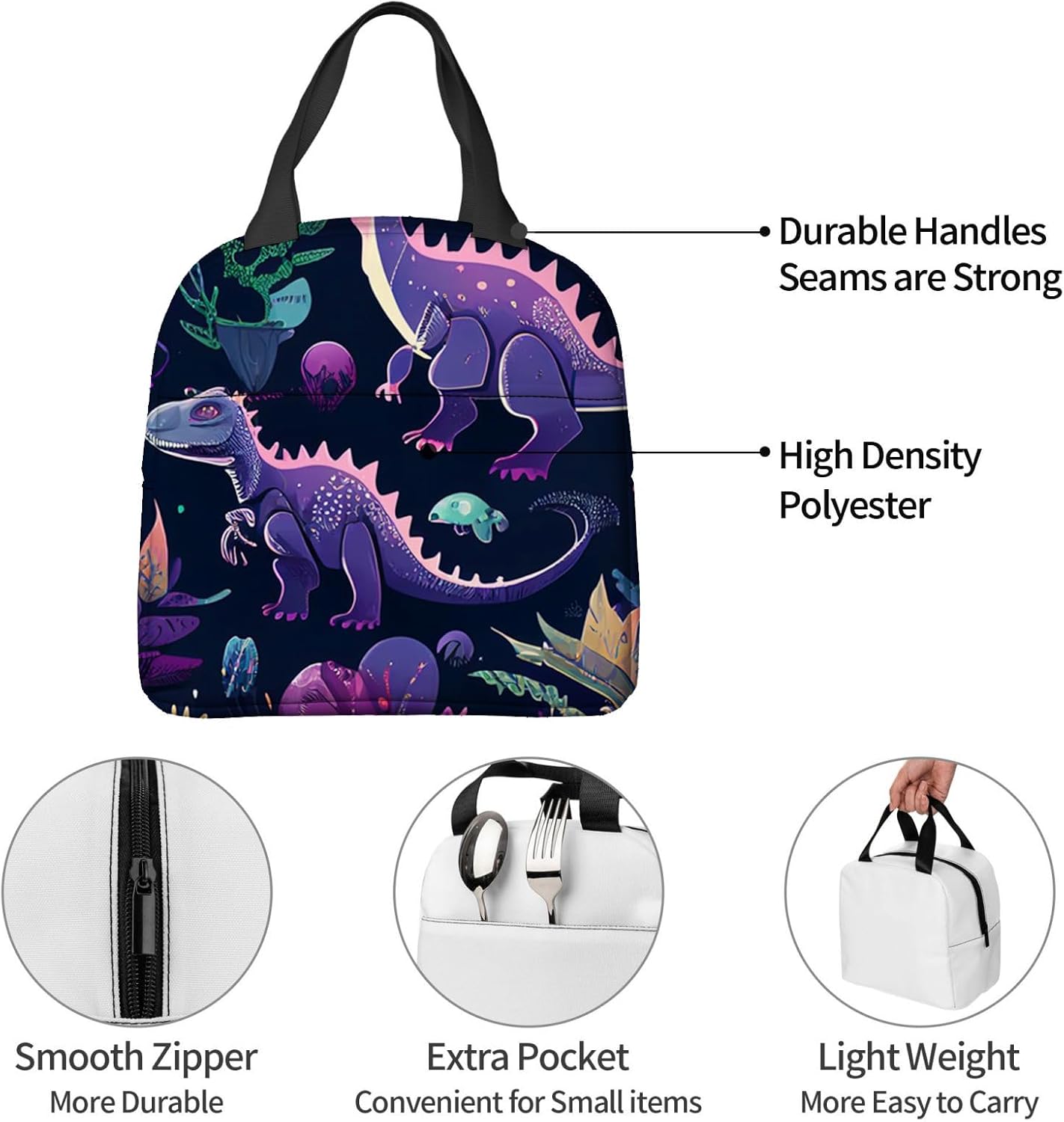 Lonchera aislada para mujeres y hombres, bonito juego de dinosaurios de dibujos animados con varias plantas, reutilizable, a prueba de fugas, para
