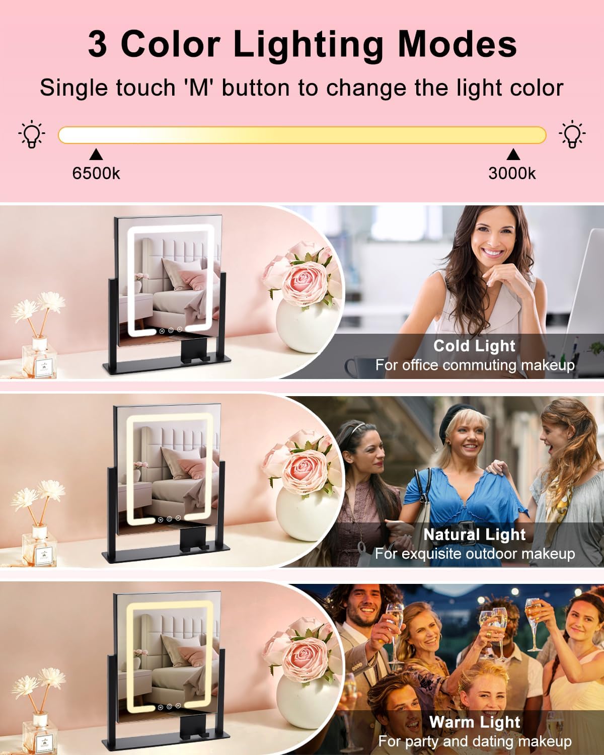 ALHAKIN Espejo de maquillaje con luces, espejo de maquillaje Hollywood iluminado, táctil inteligente regulable, 3 modos de color, espejo de aumento