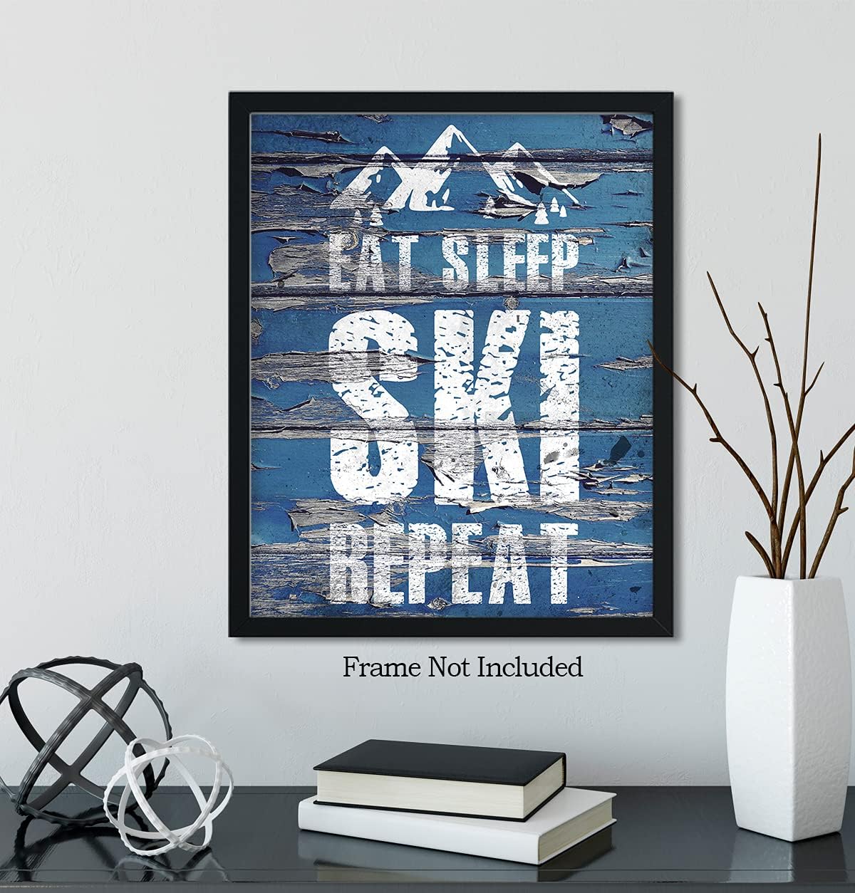 Eat Sleep Ski Repeat – Decoración de pared motivacional de esquí con un fondo azul – ilustraciones sin marco impresas en papel fotográfico