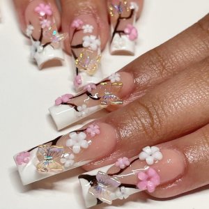 BABALAL Uñas postizas a presión de punta francesa, uñas postizas largas y cuadradas, uñas blancas con pegamento en 3D, diseño de mariposa, uñas BABALAL Uñas postizas a presión de punta francesa, uñas postizas largas y cuadradas, uñas blancas con pegamento en 3D, diseño de mariposa, uñas