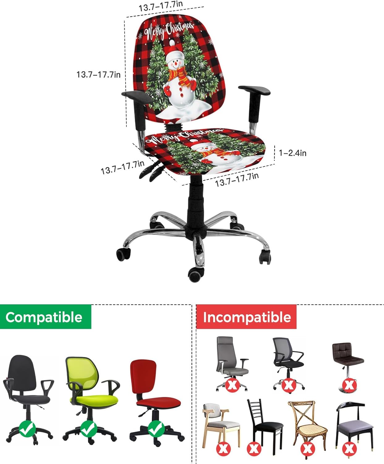 Funda para silla de oficina con diseño de muñeco de nieve de Navidad, muñeco de nieve lindo con árbol de Navidad, diseño de búfalo rojo y negro,