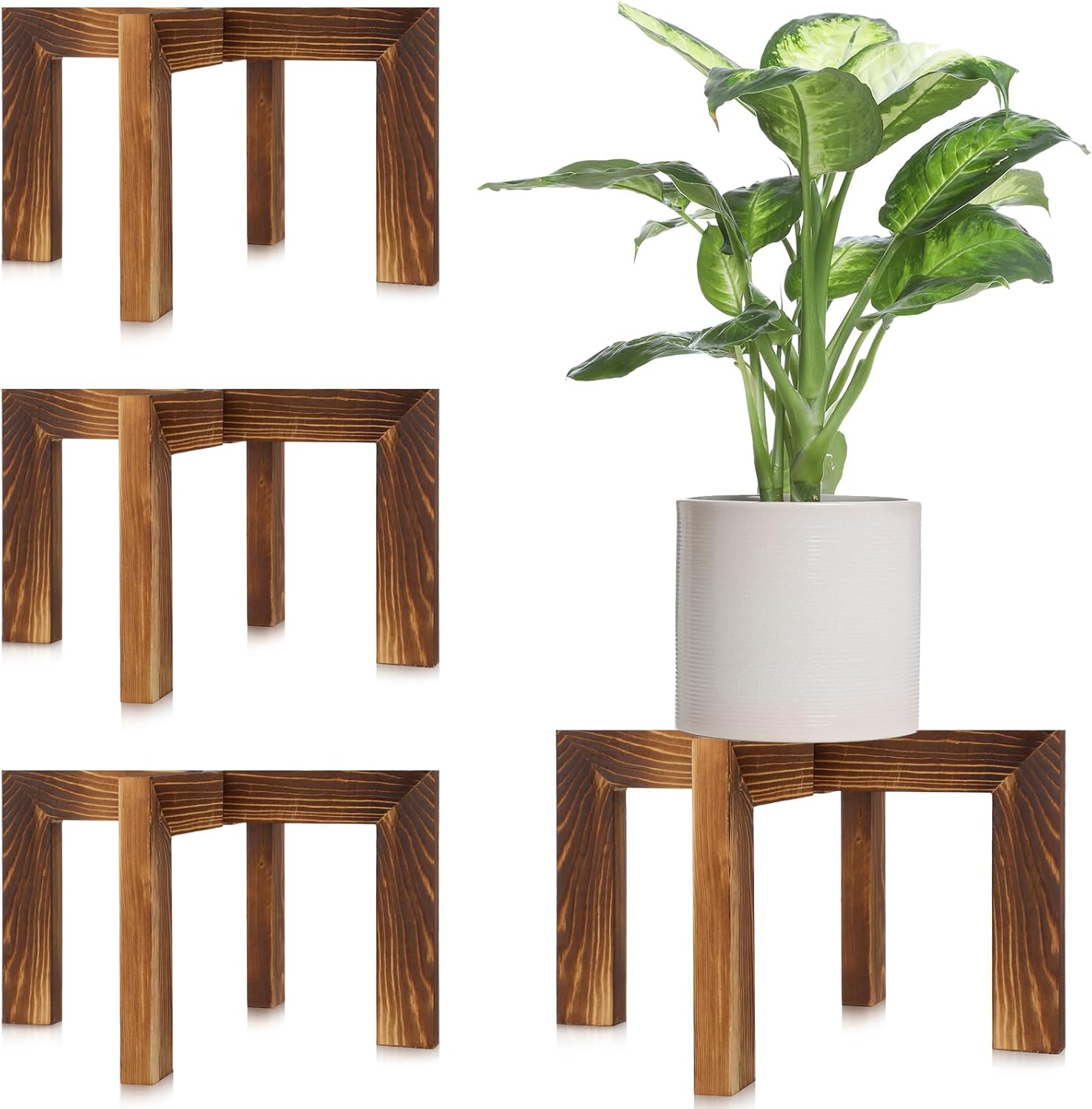 Barydat Paquete de 4 soportes de madera para plantas de mediados de siglo, moderno soporte para macetas de madera, taburete elevador bajo y corto,
