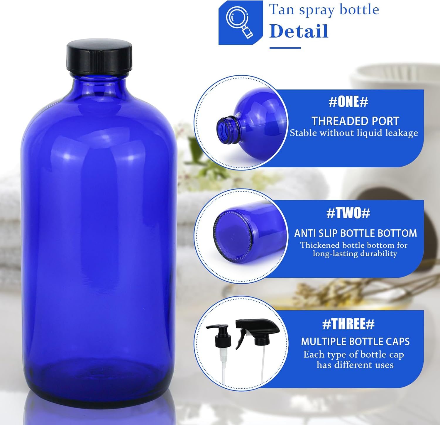 2 botellas rociadoras de vidrio, botella de spray azul vacía recargable de 16 onzas con boquillas de pulverización de niebla fina ajustables,