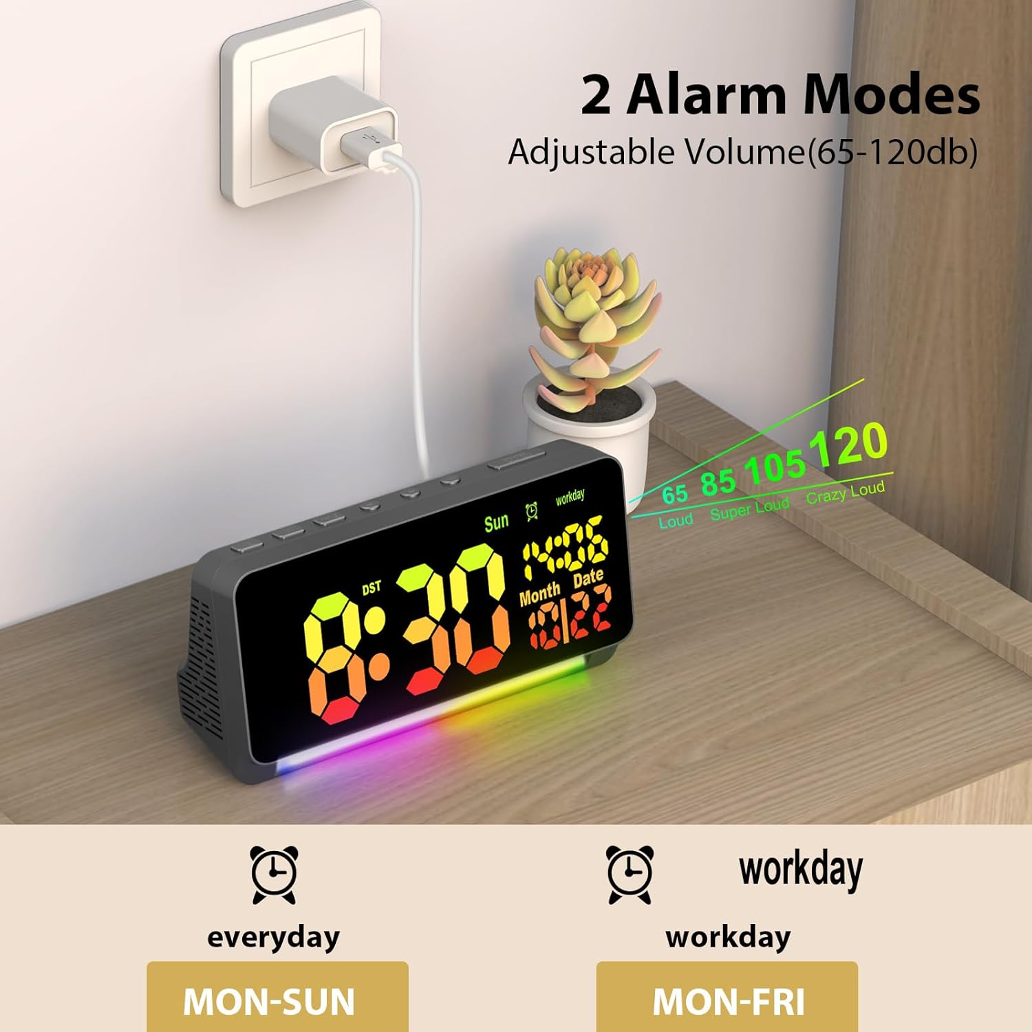 Reloj despertador digital de 120 db para dormitorios, 15 sonidos de despertador, despertador digital para adultos que duermen pesados, luz nocturna