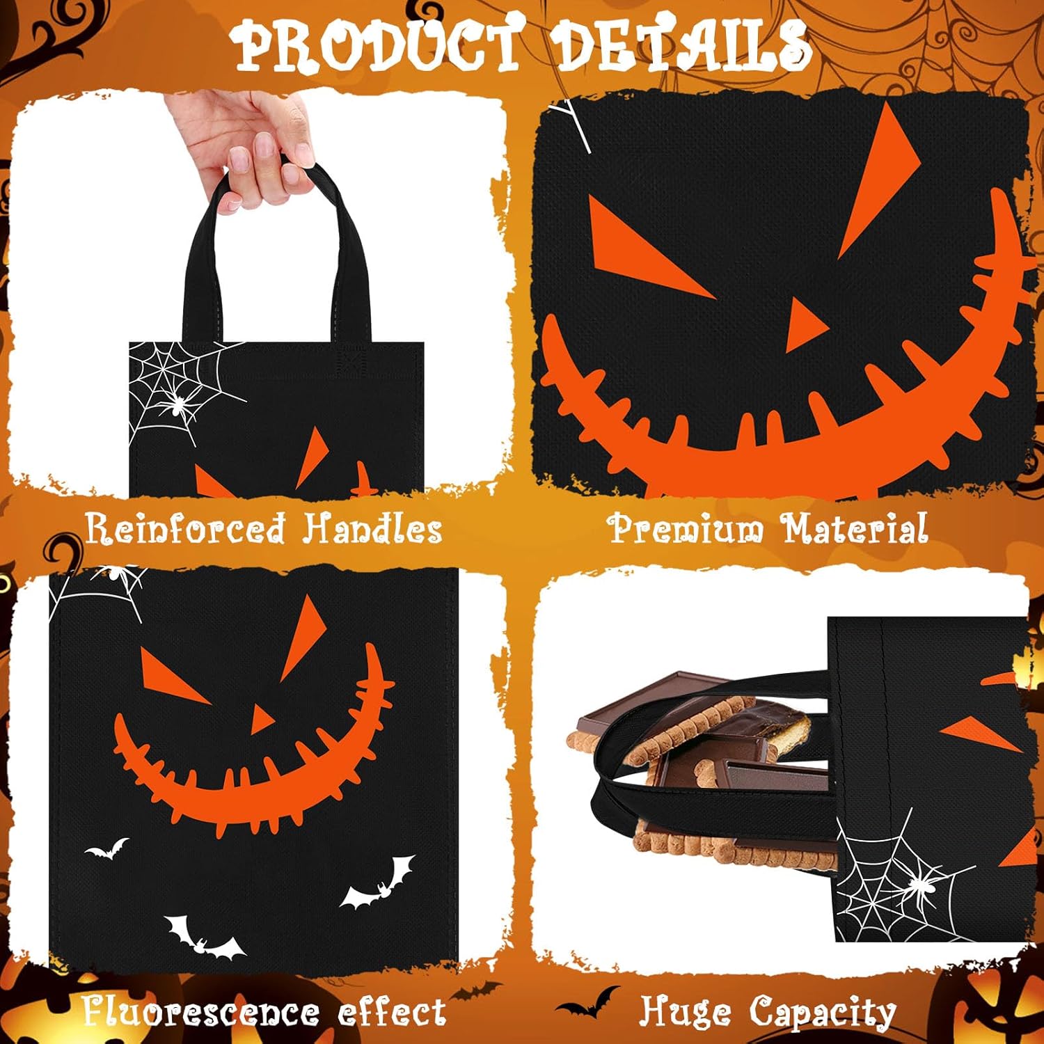 Toulite Paquete de 24 bolsas no tejidas de Halloween con asa a granel, reutilizables, bolsas de regalo de dulce o truco, calabaza, fantasma, araña,