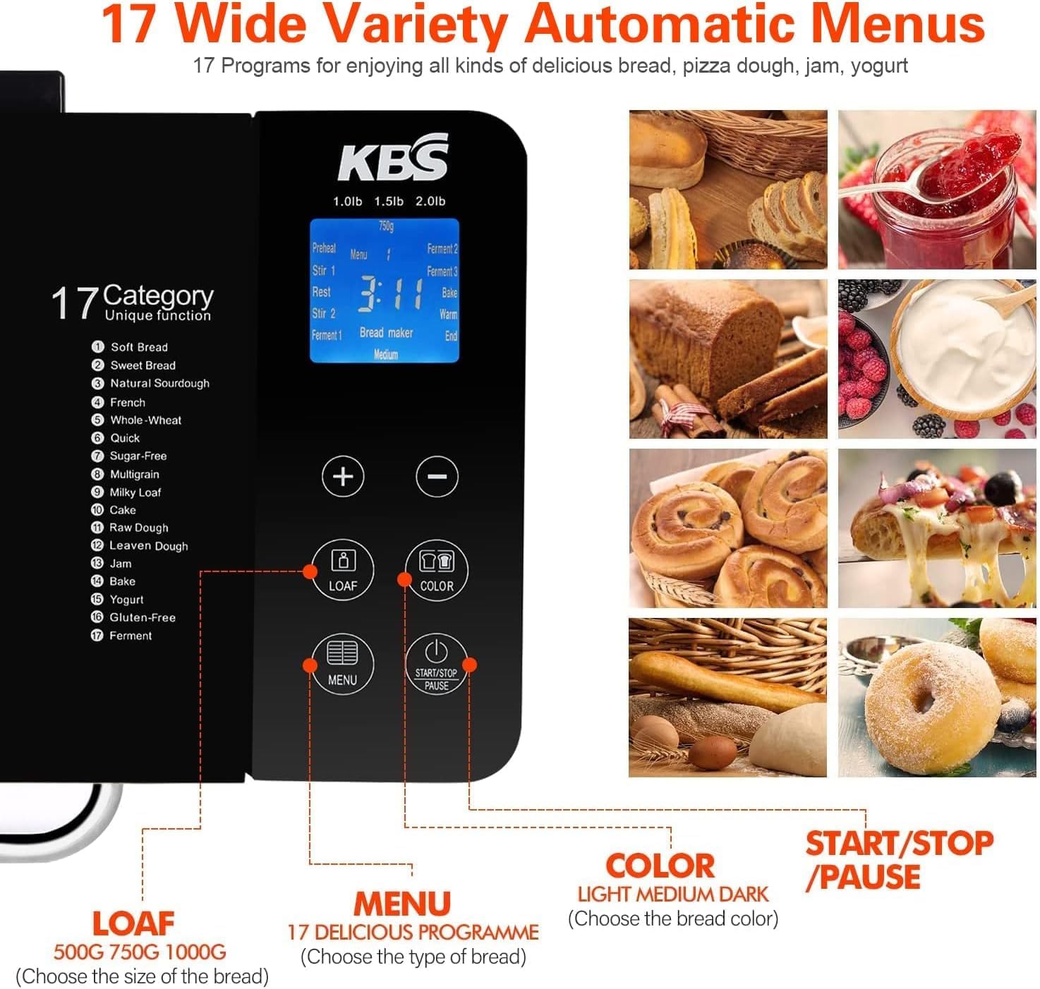 KBS Máquina para hacer pan 17 en 1, máquina de pan de doble calentador de 710 W, máquina para hacer pan de acero inoxidable de 2 libras con