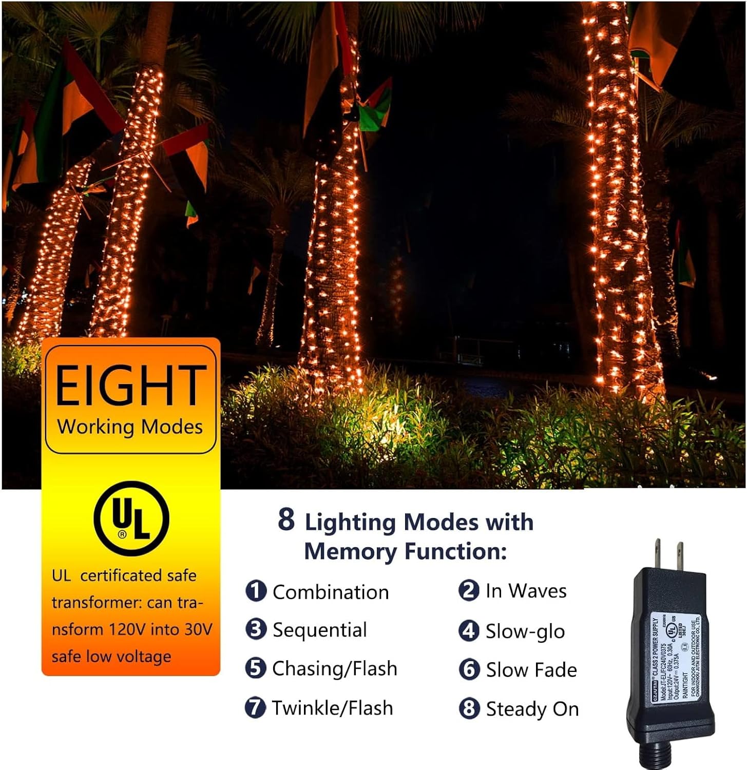 Guirnalda de luces naranjas de Halloween, 200 luces LED de 66 pies, 8 modos, luces de Halloween, con certificación UL, conectables, para el hogar,