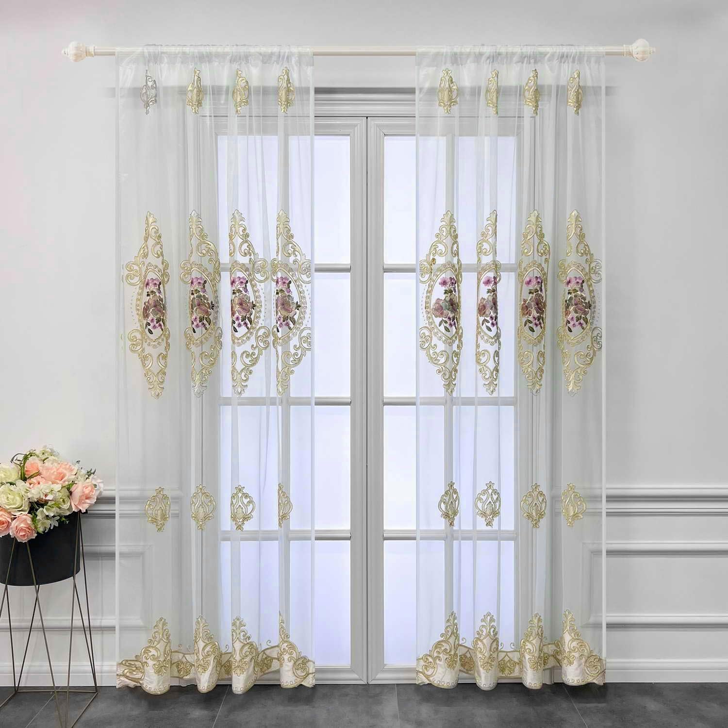 WPKIRA Cortina de gasa con diseño de flores en bordado europeo con ranura para cortinero Cortina romántica para ventana, para dormitorio o villa