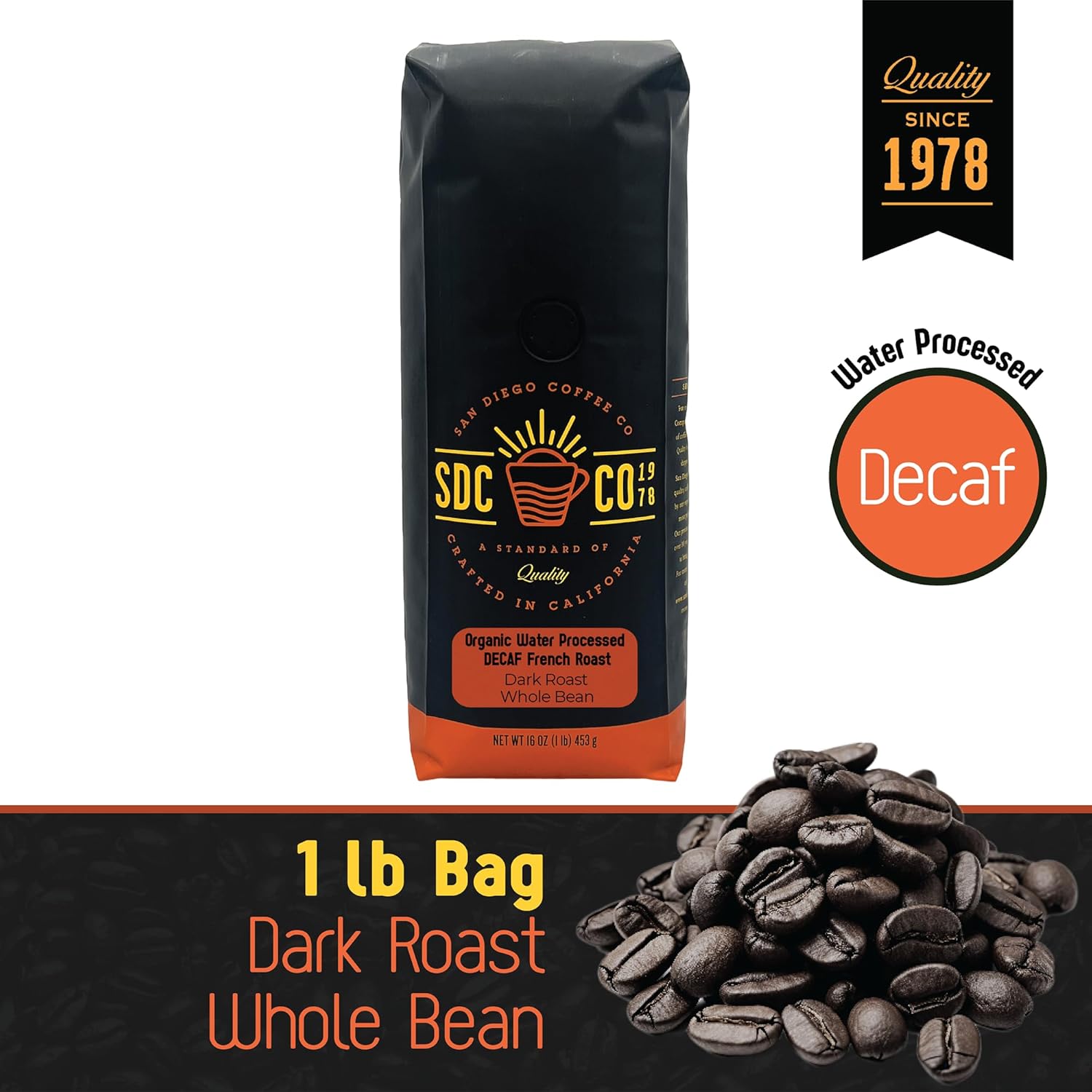 San Diego Coffee Café orgánico tostado francés DECAF, tostado oscuro, café en grano entero, bolsa de 16 onzas