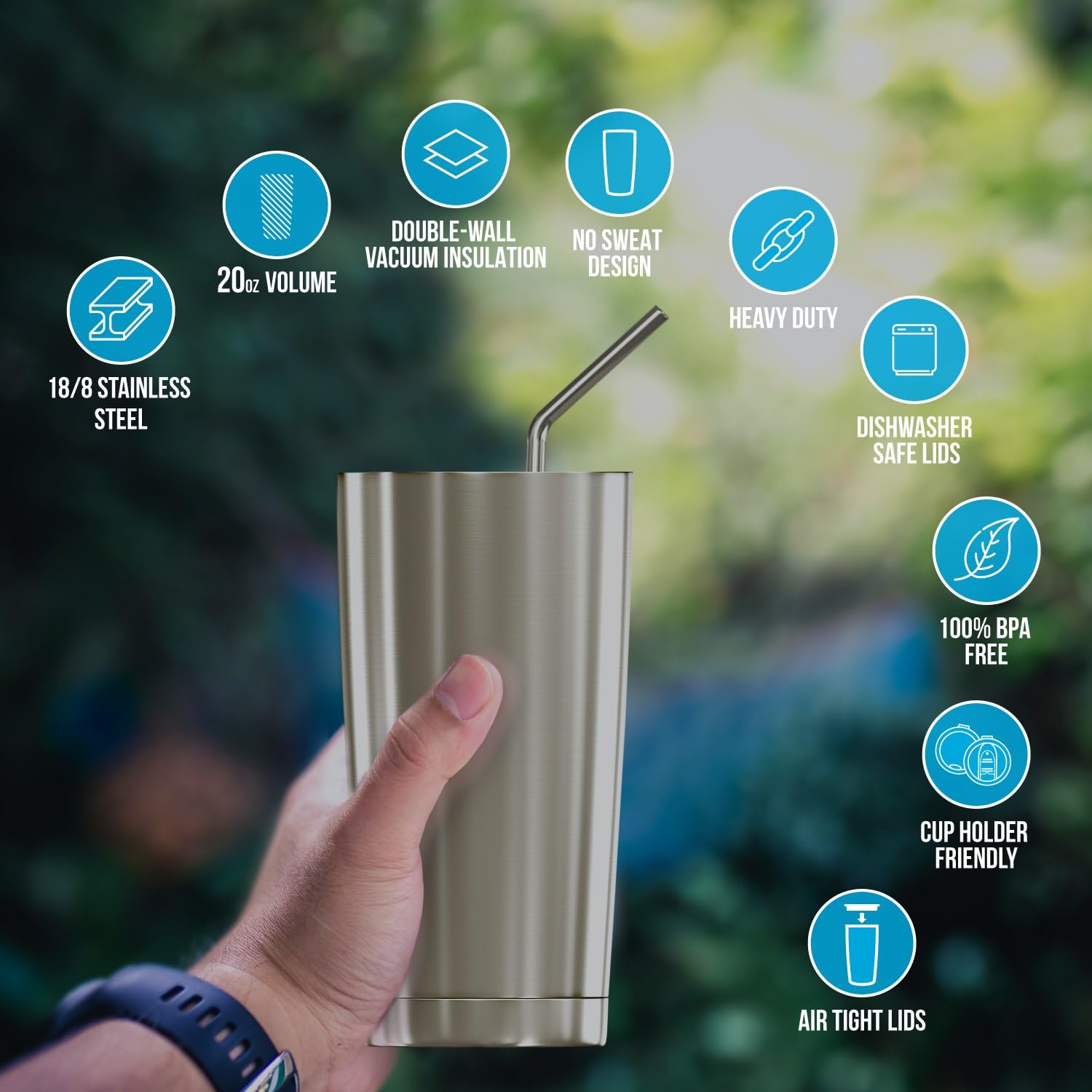 BluePeak Juego de vasos aislados de acero inoxidable al vacío de doble pared, paquete de 2, incluye 2 tapas para sorber, 2 tapas deslizantes a