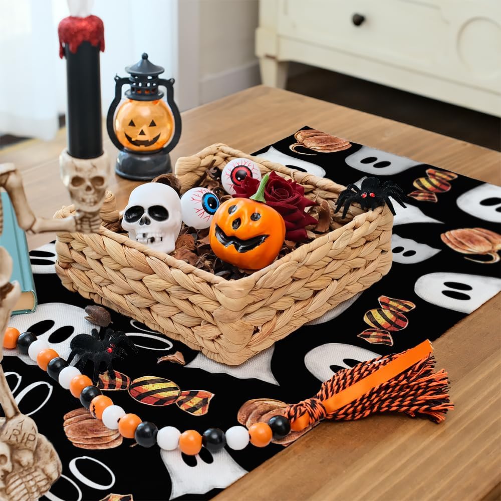 ARKENY Camino de mesa de Halloween de 13 x 36 pulgadas, calabaza espeluznante fantasma Candy Boo, arpillera de temporada para interiores, cocina,
