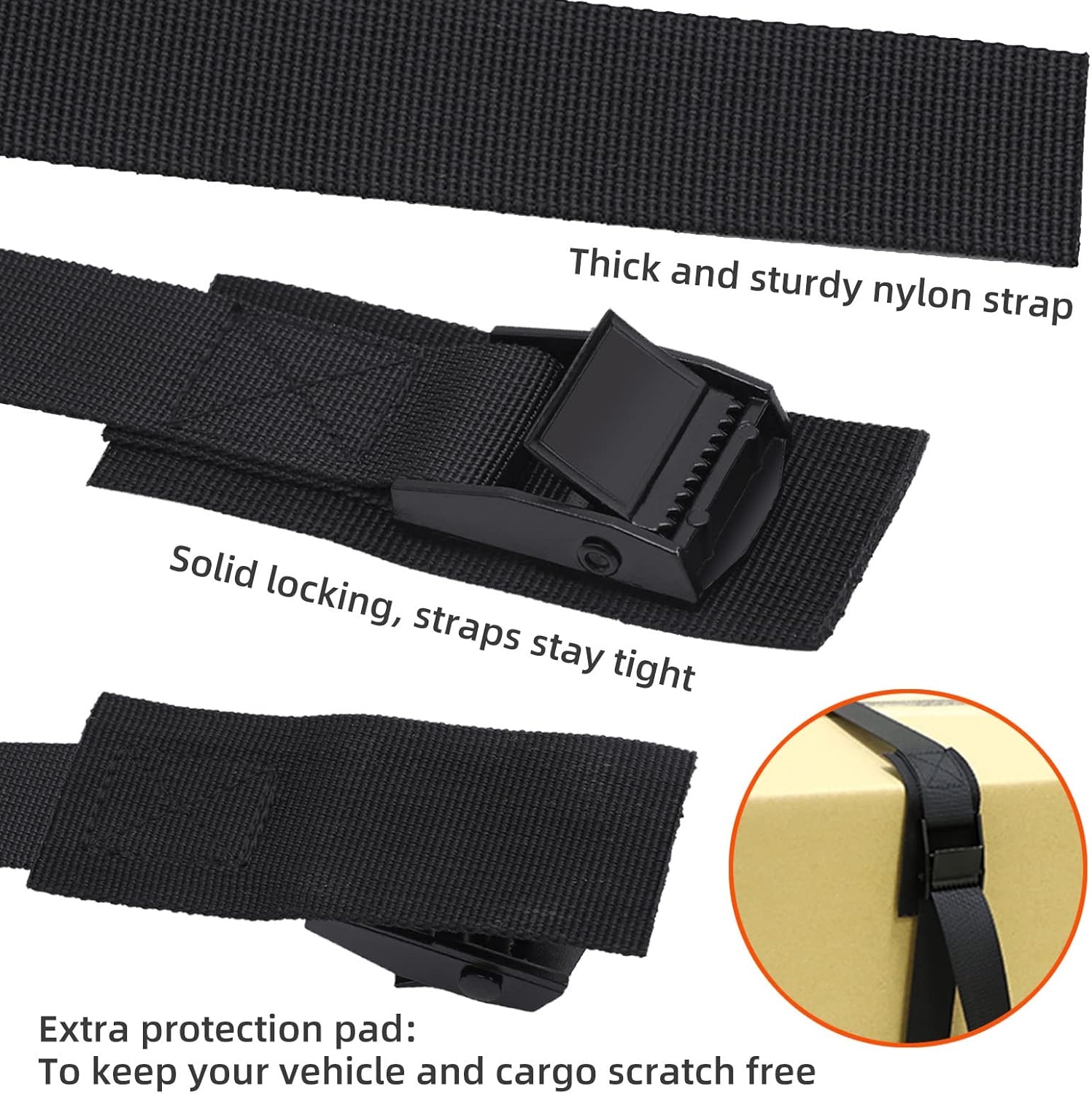 Correas de amarre de 6.6 pies con hebillas de leva ajustables, correas de sujeción de hasta 550 libras para embalaje, carga, equipaje, motocicletas,