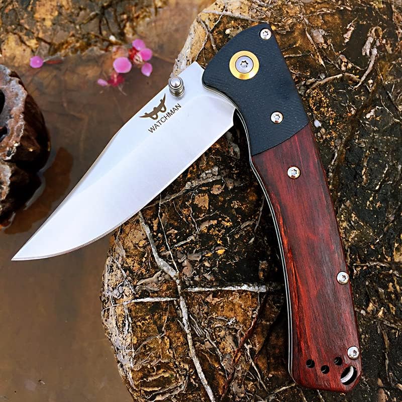 Watchman HD01 Cuchillo plegable de bolsillo de acero inoxidable D2 hoja mango de madera con clip Pesca Camping EDC Cuchillo