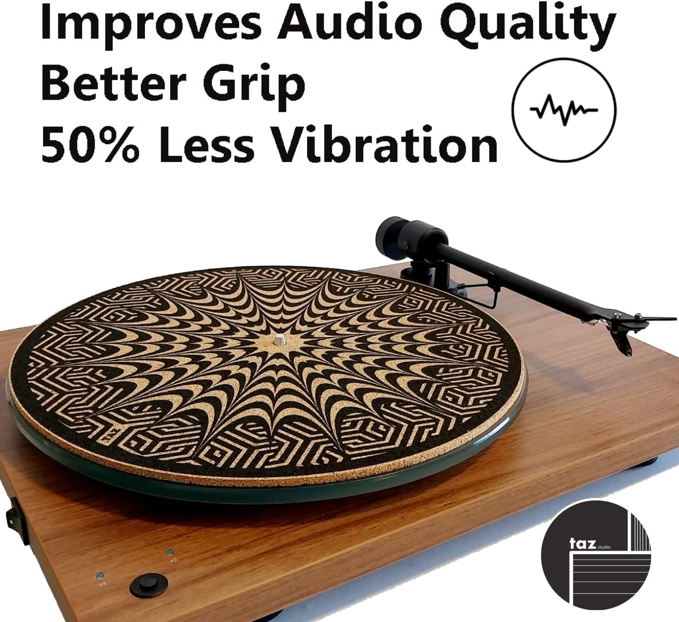 TazStudio Alfombrilla giratoria de corcho para un mejor soporte de sonido en el tocadiscos de vinilo LP – Patrón de mezcla de diseño geométrico