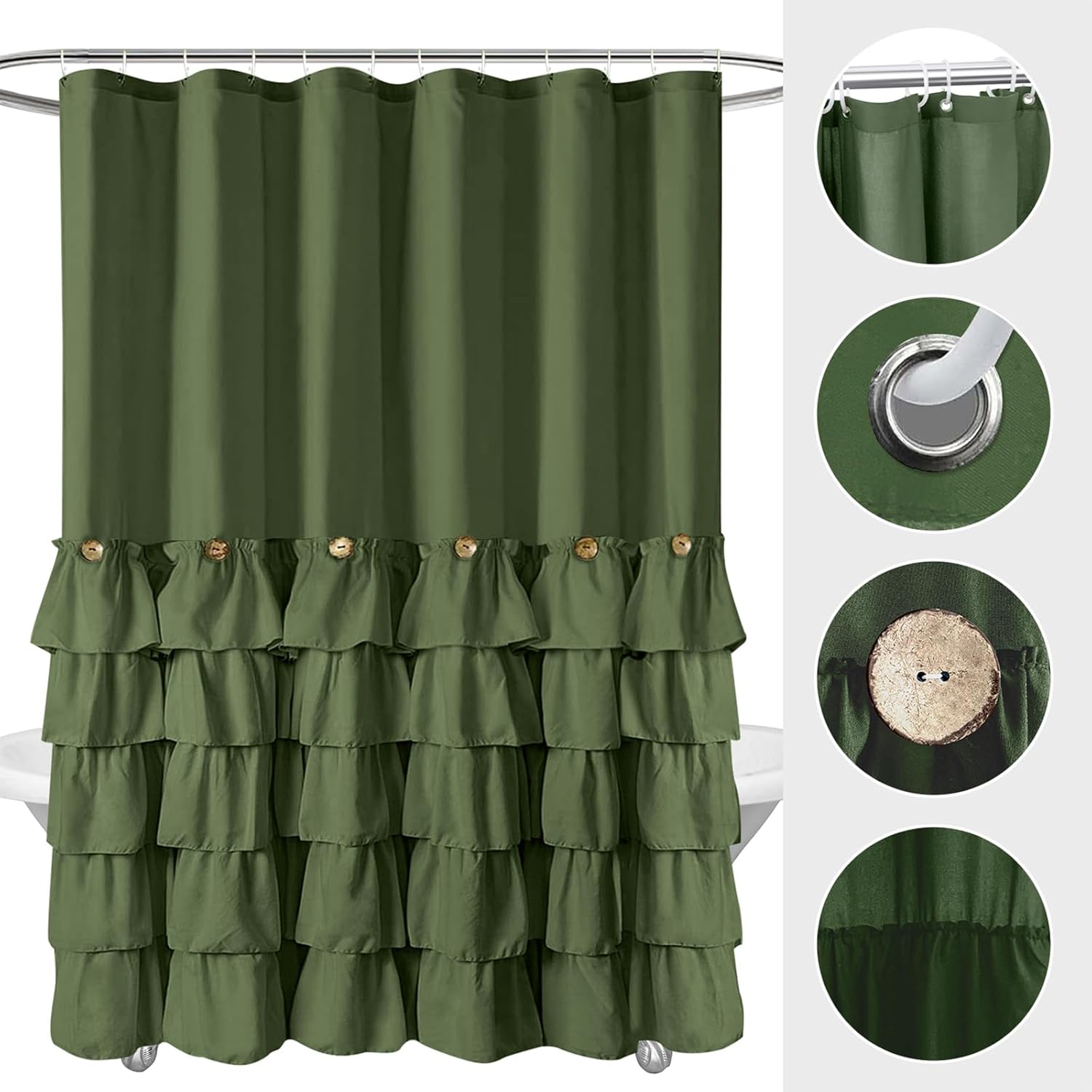 Seasonwood Cortina de ducha verde salvia para baño, bonita cortina de ducha con volantes, 72 x 72 pulgadas, cortinas de ducha con botones y volantes