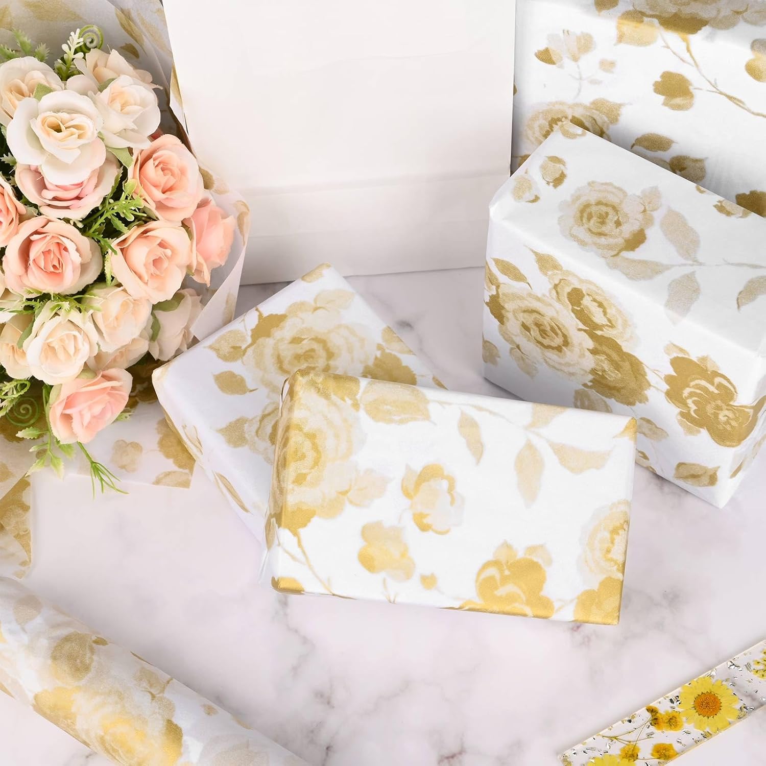 Bolsome 100 hojas de papel de seda floral de rosas a granel para envolver regalos, 20 x 14 pulgadas, papel de seda con patrón de flores vintage para