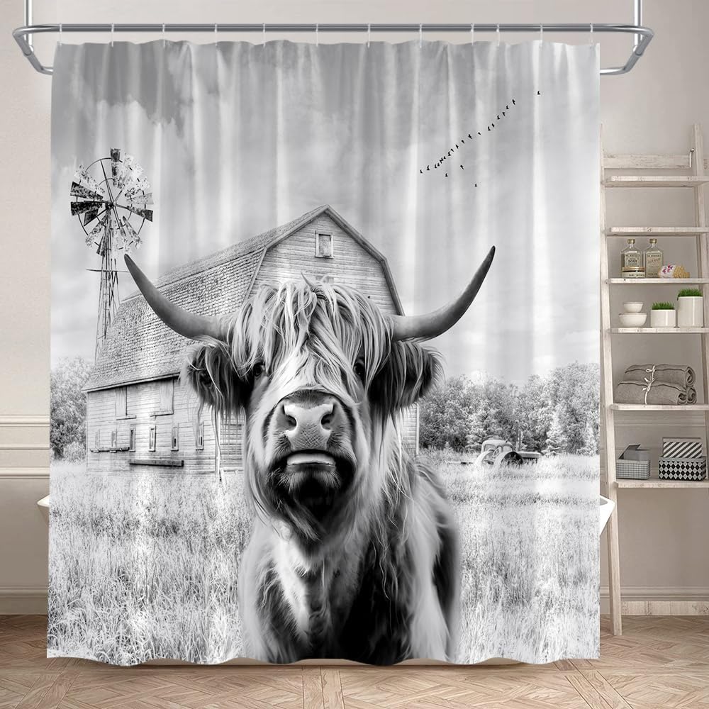 Highland Cow Western – Cortina de ducha rústica con diseño de animales de granja, molino de viento antiguo, vida silvestre, toro, granja, juego de