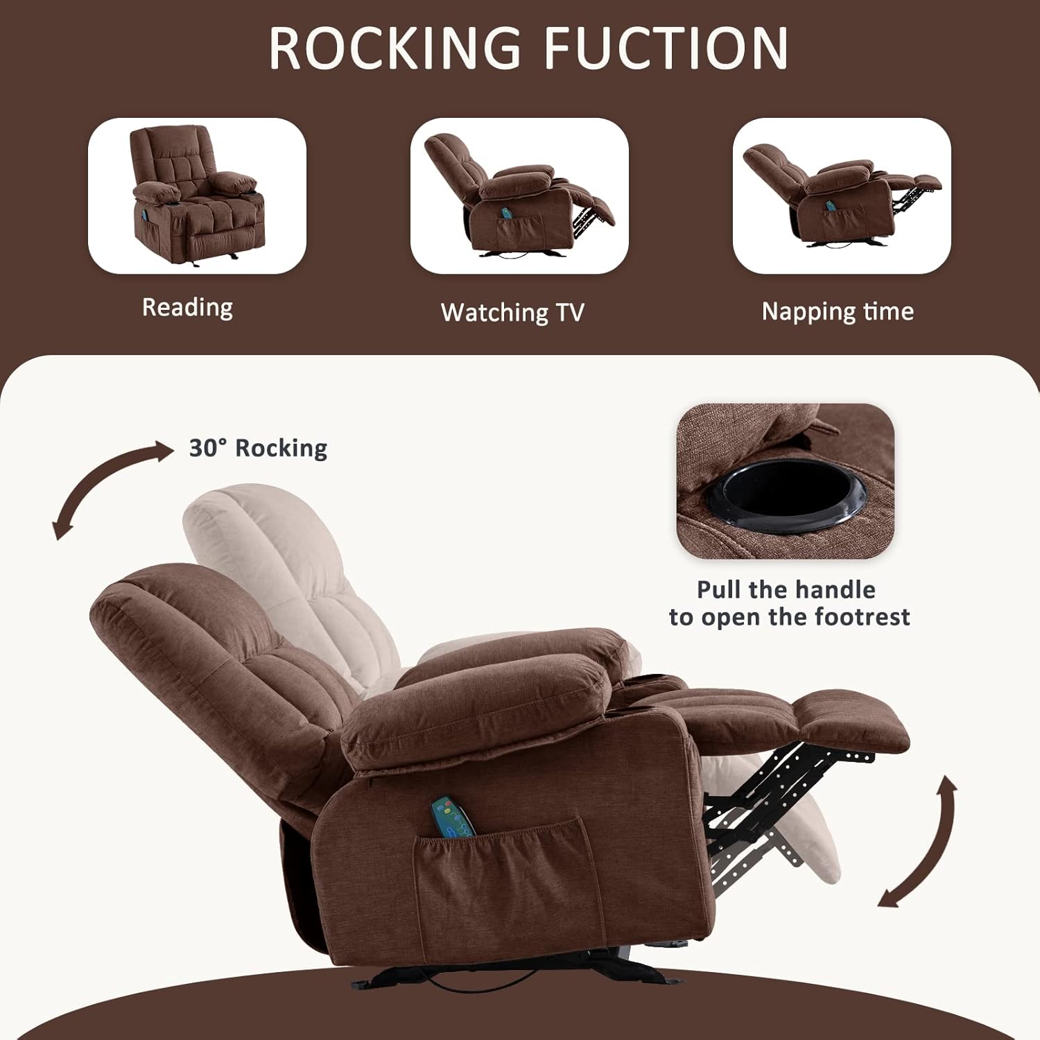 Silla reclinable de masaje con masaje por vibración y calor, ergonómica para sala de estar con función de balanceo y bolsillo lateral, 2 portavasos,