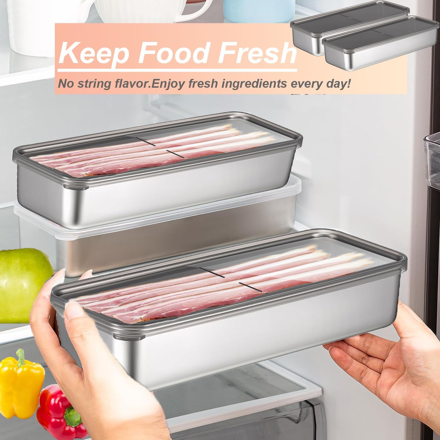 ANMOFLY Recipiente de tocino para refrigerador, 2 recipientes de almacenamiento de alimentos herméticos para delicatessen, contenedor de queso para