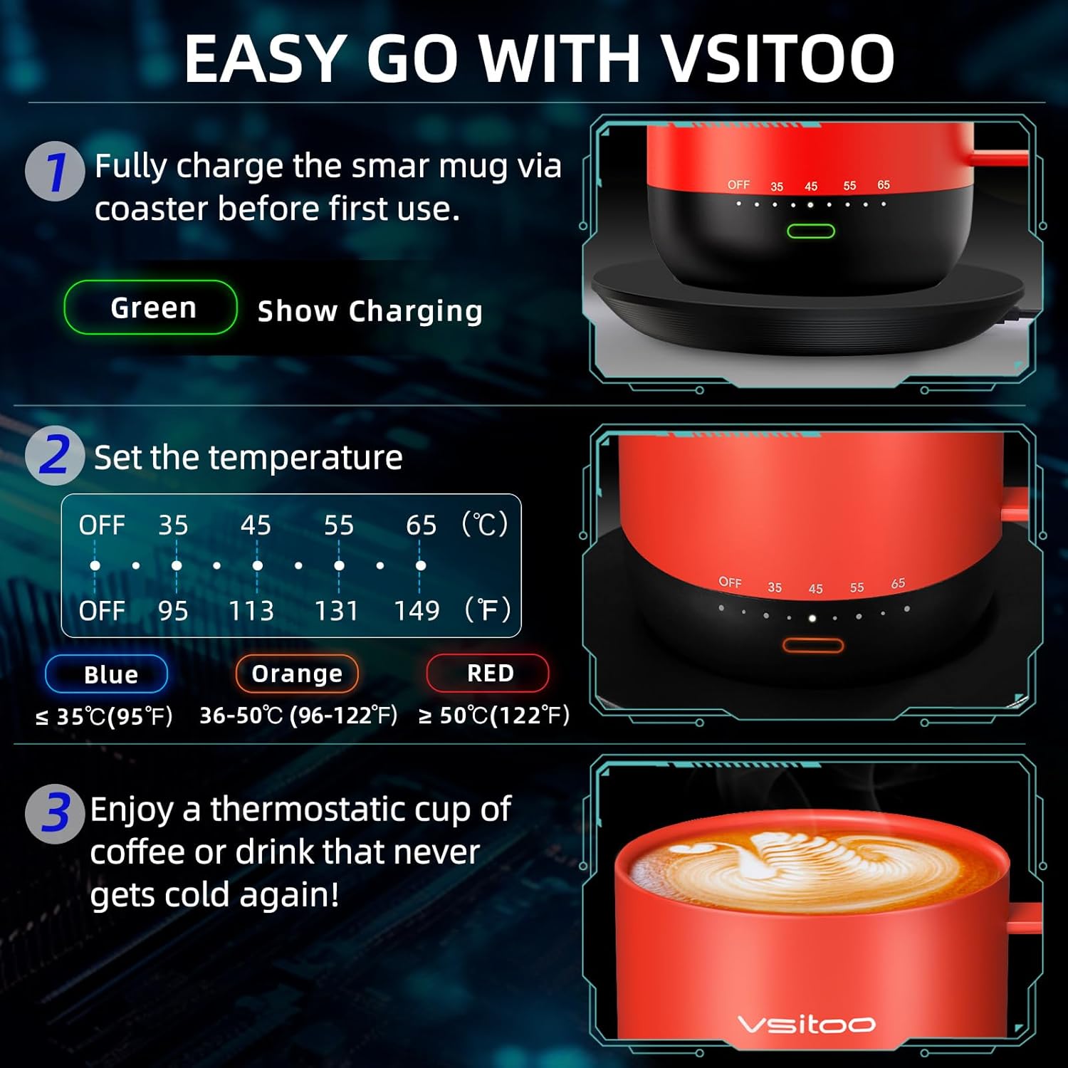 VSITOO S3PRO – Taza de café térmica con control de temperatura, 14 onzas, taza de viaje inteligente con calentador de café controlado manual y por